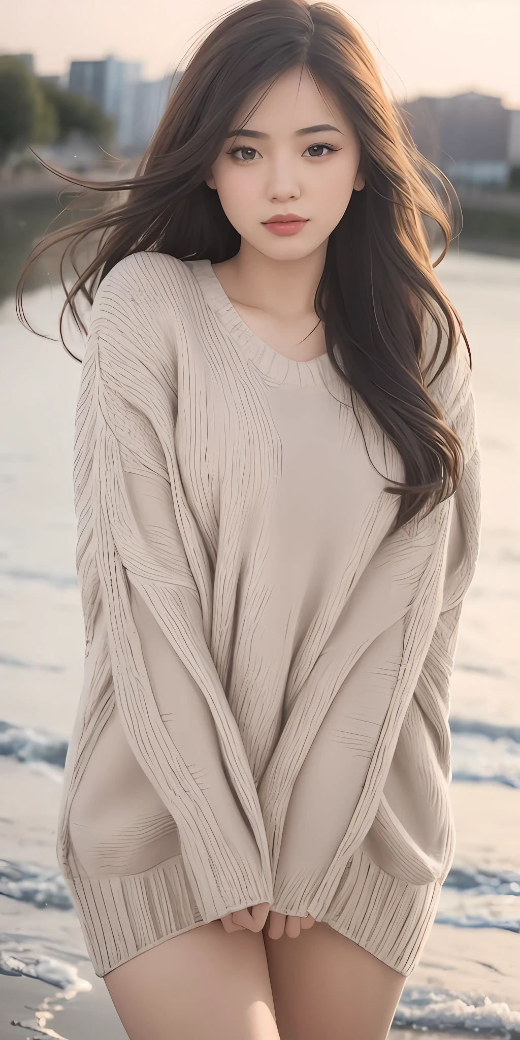 1girl walking on the river, mix4, sweater, pillow, lips, open_mouth, realistic, photo_\(medium\), solo, stuffed_animal, stuffed_toy, teddy_bear,(masterpiece),(photorealistic:1.3), ultra-detailed, (high detailed skin:1.2),(best quality:1.0), (ultra highres:1.0), (ulzzang-6500:0.3), wavy detailed hair, long hair, sunshine, (beautiful detailed makeup), (sexually aroused blushing heavy breathing:1.0), floral theme flower petals scattered, (soft glow bloom:0.5)
