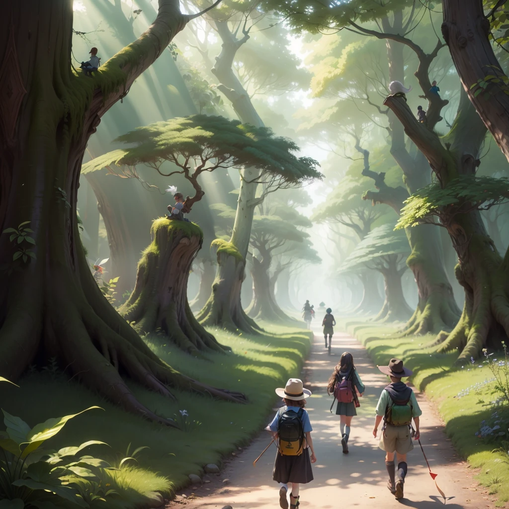 group of adventurous children, walk through the enchanted forest, magical world full of tall and colorful trees, legendary treasure that was lost in the forest, --auto --s2