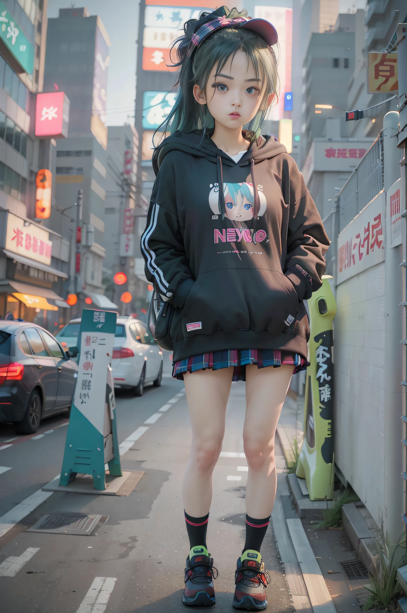 Extreme low angle, full body (8k, RAW photo, highest quality, masterpiece), High detail RAW color photo professional close-up photo, (realism, photo realism:1.4), (highest quality), (best shadow), (best illustration),surreal face, blue eyes, girl long neon green hair, wearing short hoodie head set, long Tartan plaid Skirt, tight high socks, hiding a hoverboard, tokyo night, neon, neon pink, neon blue, neon lime green,