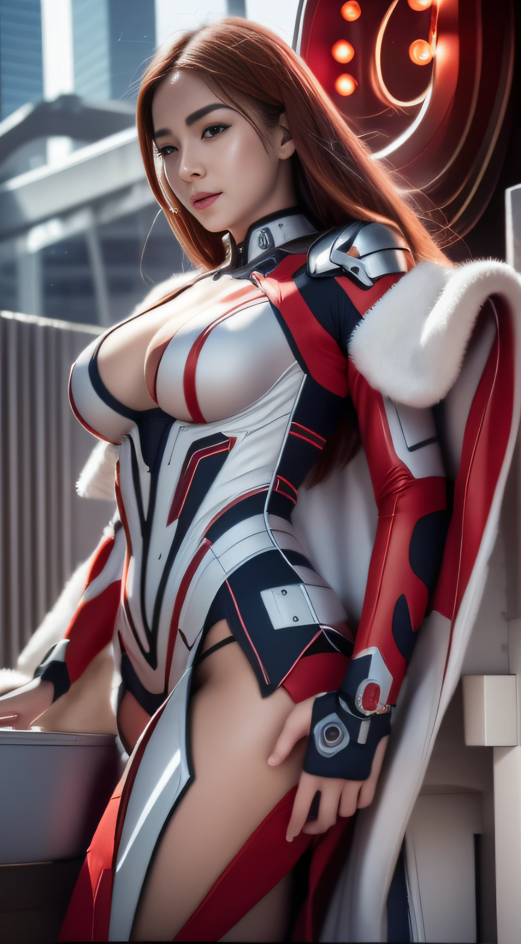 Highest image quality，Outstanding details，超高分辨率，（Fidelity：1.4），The best illustration，Favor the details，closeup cleavage，A mech girl，He has a delicate and beautiful face，（（Red and white semi-mechanical body：1.8）），Raised sexy，乳溝, frontage，onbed, cyber punk perssonage，Futuristic，mechanically aesthetic，Complex machinery，The background is a high-tech lighting scene in the future city，Virtual Engine 5，Perfect detail rendering，rendering by octane，hyper HD