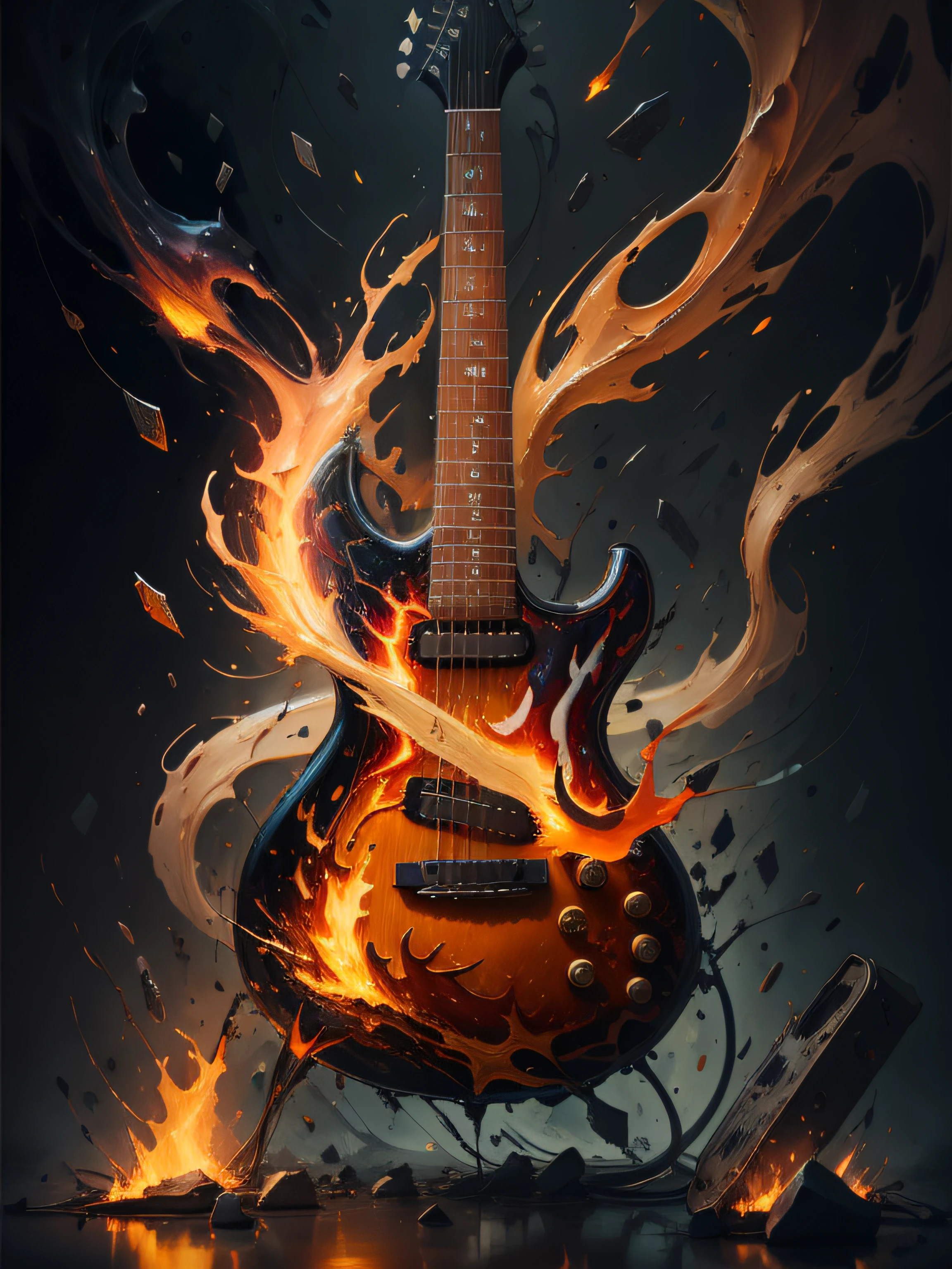 guitar, ，super high-quality model, Background of flame burning, Abstract beauty, Explosive volume, oil painted, Heavy strokes, paint drips