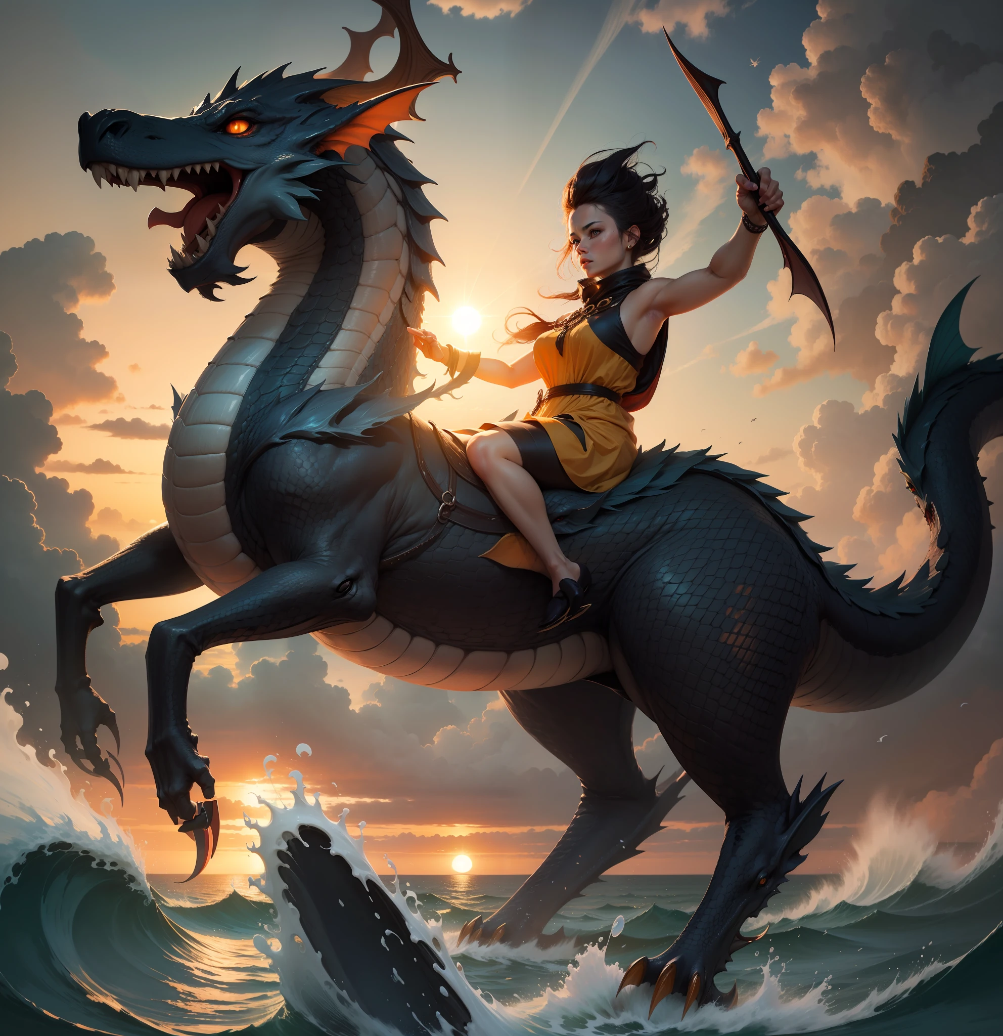 Dragons are at sea.., Blue Sea, evening. Orange Sun