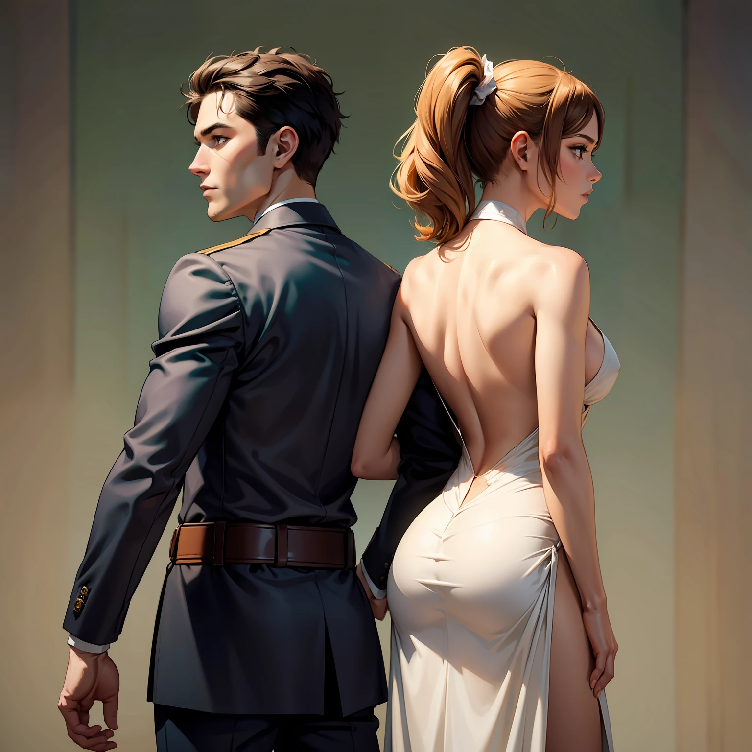 "Man and woman standing back to back"