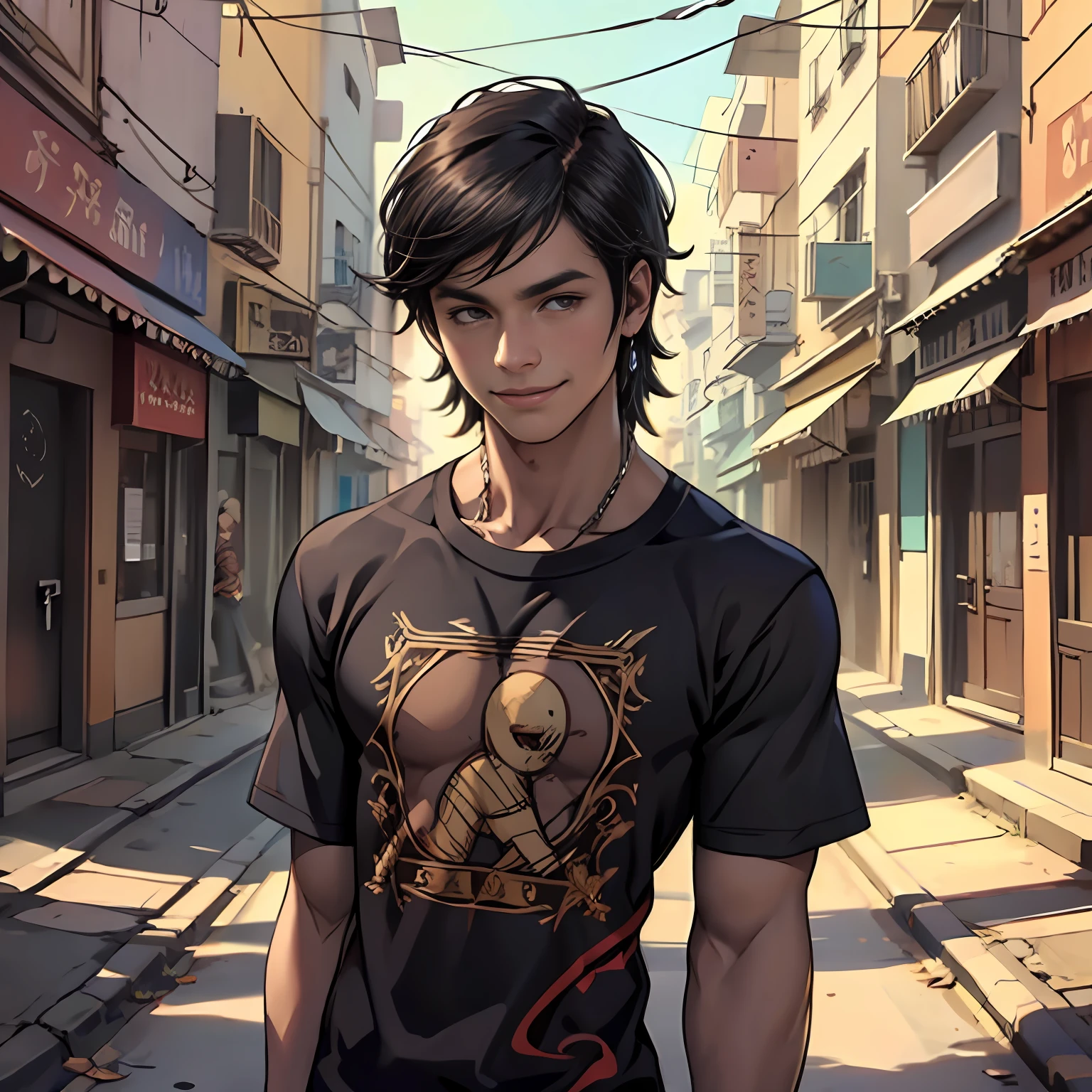camiseta color negro camiseta ajustada al cuertpo ultra realista, -yeld boith brown cinnamon skin, cuerpo atletico tonificado cabello liso,masculino serio pensativo observador y usa  camiseta negra brillante ajustada al cuerpo caminando, sonriendo  por las calles de una moderna ciudad un amigo cernaco se acerca por atras y lo abraza
