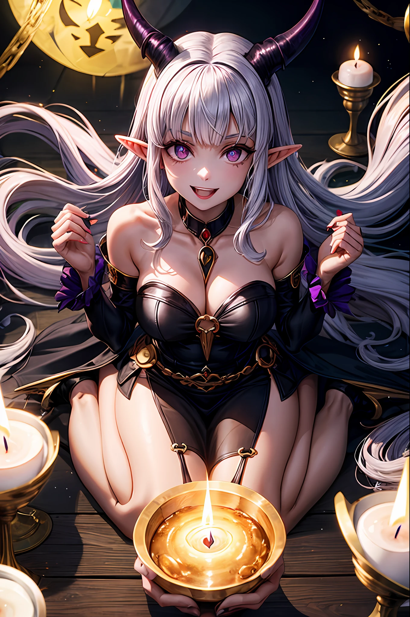 A female demon with elf ears, um rosto maduro com um sorriso perverso dentes de vampiro, e corpo volumoso com seios e busto enormes, Silver hair with purple locks and demonic purple eyes coberta de sangie, roupa preta, unhas grandes longas e pontiagudas presa dentro de um espelho com correntes, caveiras e velas de rituais, lugar escuro