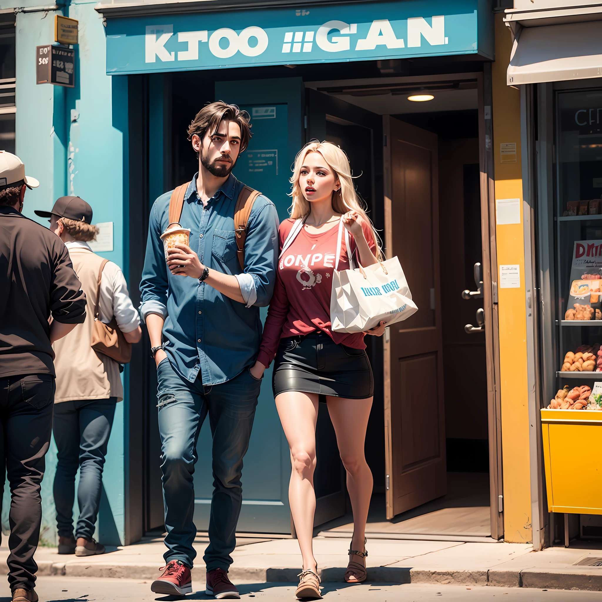 A group of people with food in hand being barred at the entrance to the cinema , imagem predominantemente azul escuro e dourado --auto