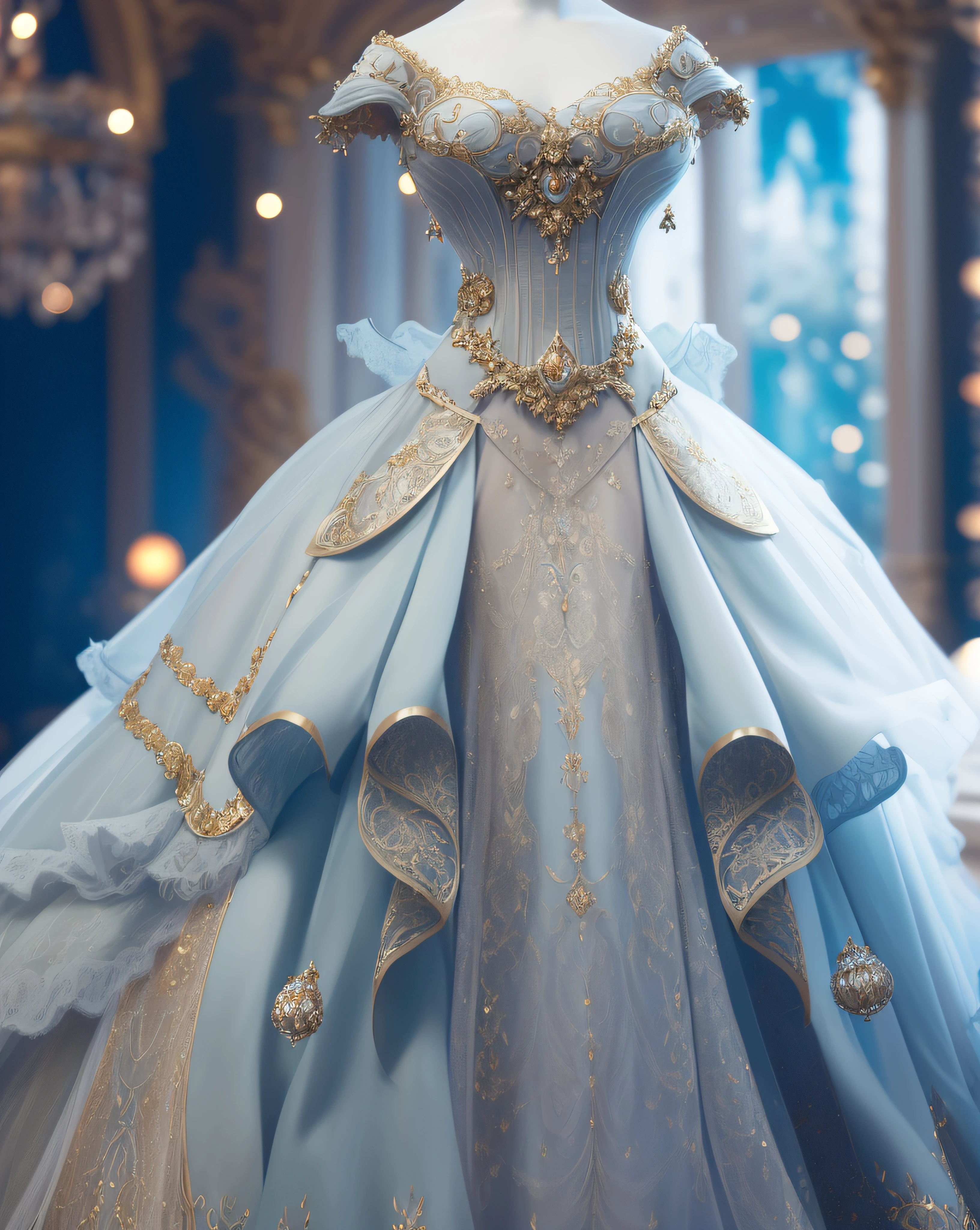 a hyper realistic photograph of a girl standing wearing a majestic light beige and gold ball gown dress, big beautiful dress, intricate puffy ball gown with lots of ruffles and rhinestones (Best quality, masterpiece, ArtStation, Fantasy Art:1.2), a palace room, a beautiful cute girl, (long white hair:1.1), (intricate short gold skirt, bare legs:1.2, full body shot)