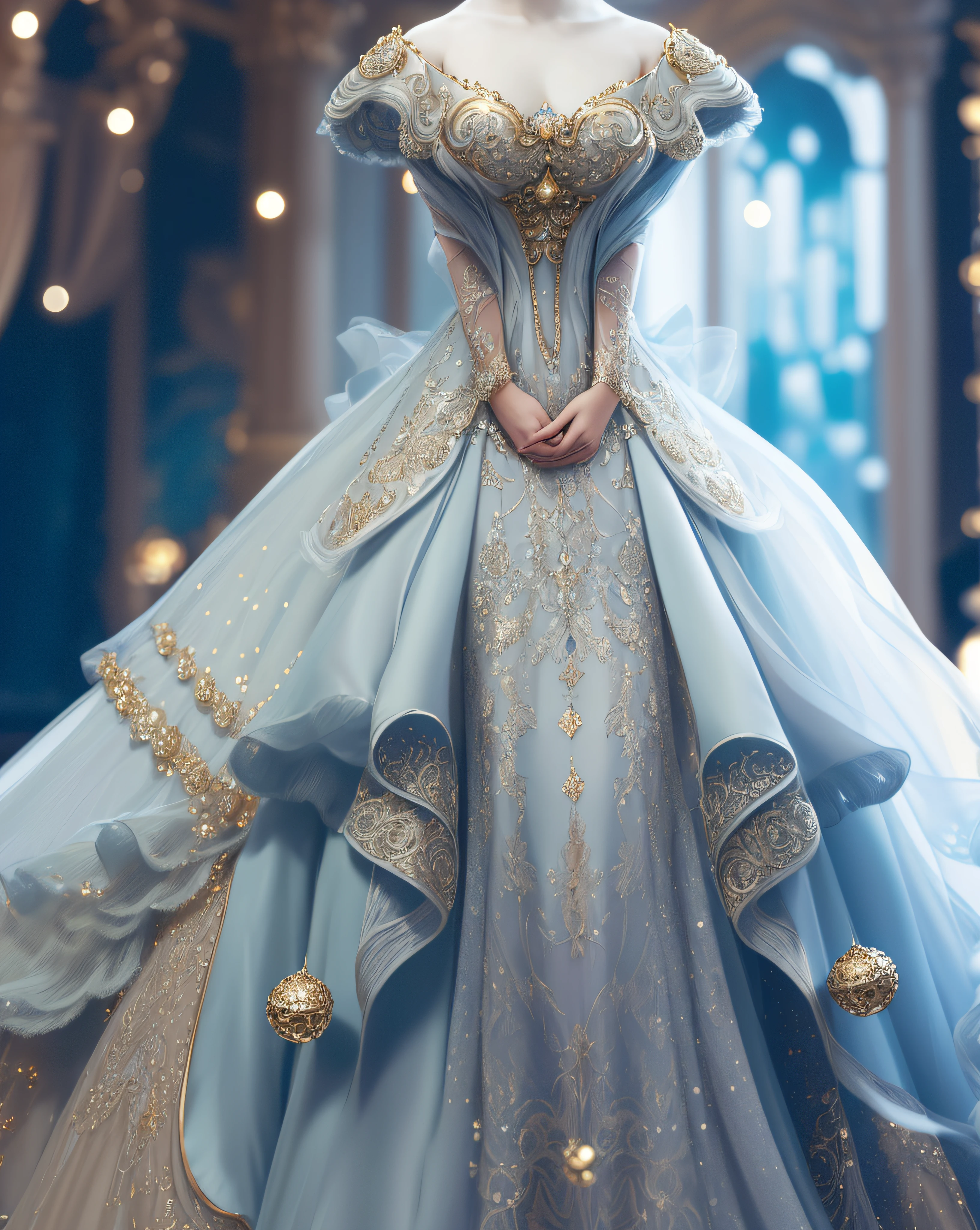 a hyper realistic photograph of a girl standing wearing a majestic light beige and gold ball gown dress, big beautiful dress, intricate puffy ball gown with lots of ruffles and rhinestones (Best quality, masterpiece, ArtStation, Fantasy Art:1.2), a palace room, a beautiful cute girl, (long white hair:1.1), (intricate short gold skirt, bare legs:1.2, full body shot)