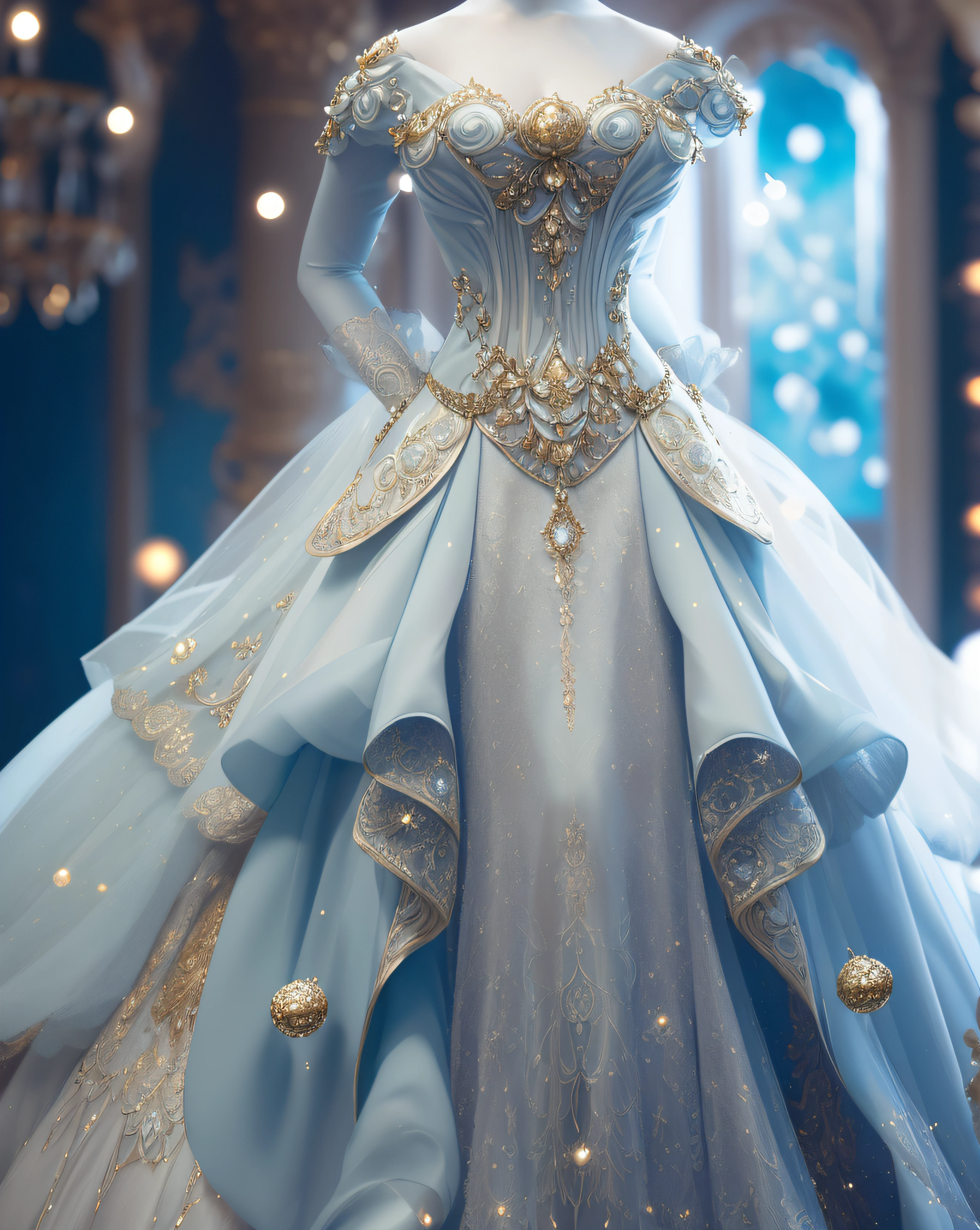 a hyper realistic photograph of a girl standing wearing a majestic light beige and gold ball gown dress, big beautiful dress, intricate puffy ball gown with lots of ruffles and rhinestones (Best quality, masterpiece, ArtStation, Fantasy Art:1.2), a palace room, a beautiful cute girl, (long white hair:1.1), (intricate short gold skirt, bare legs:1.2, full body shot)