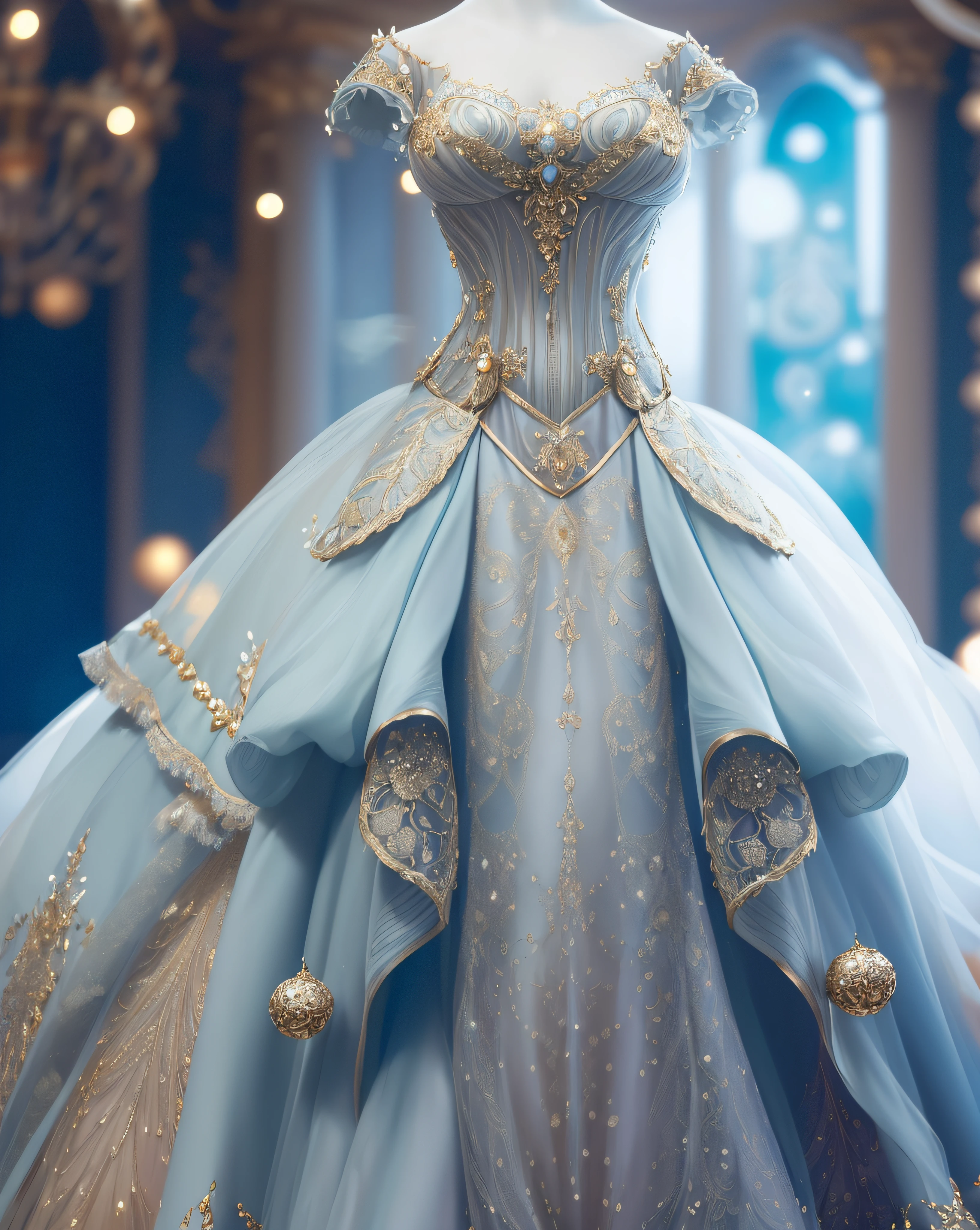 a hyper realistic photograph of a girl standing wearing a majestic light beige and gold ball gown dress, big beautiful dress, intricate puffy ball gown with lots of ruffles and rhinestones (Best quality, masterpiece, ArtStation, Fantasy Art:1.2), a palace room, a beautiful cute girl, (long white hair:1.1), (intricate short gold skirt, bare legs:1.2, full body shot)