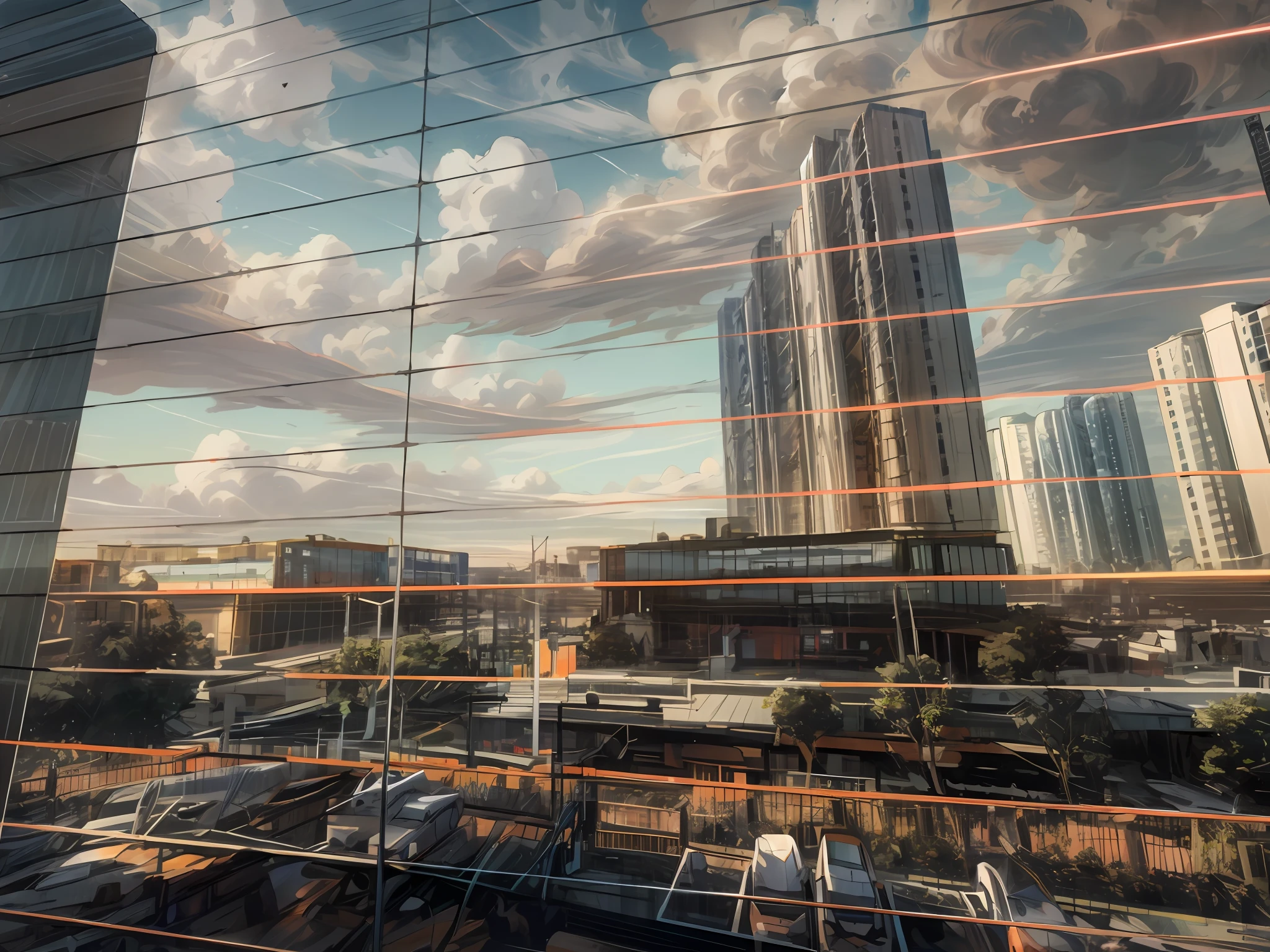 Sky, Clouds, holding_weapon, no_humans, Glow, Robots, Architecture, Science Fiction, Cities, Reality --v6