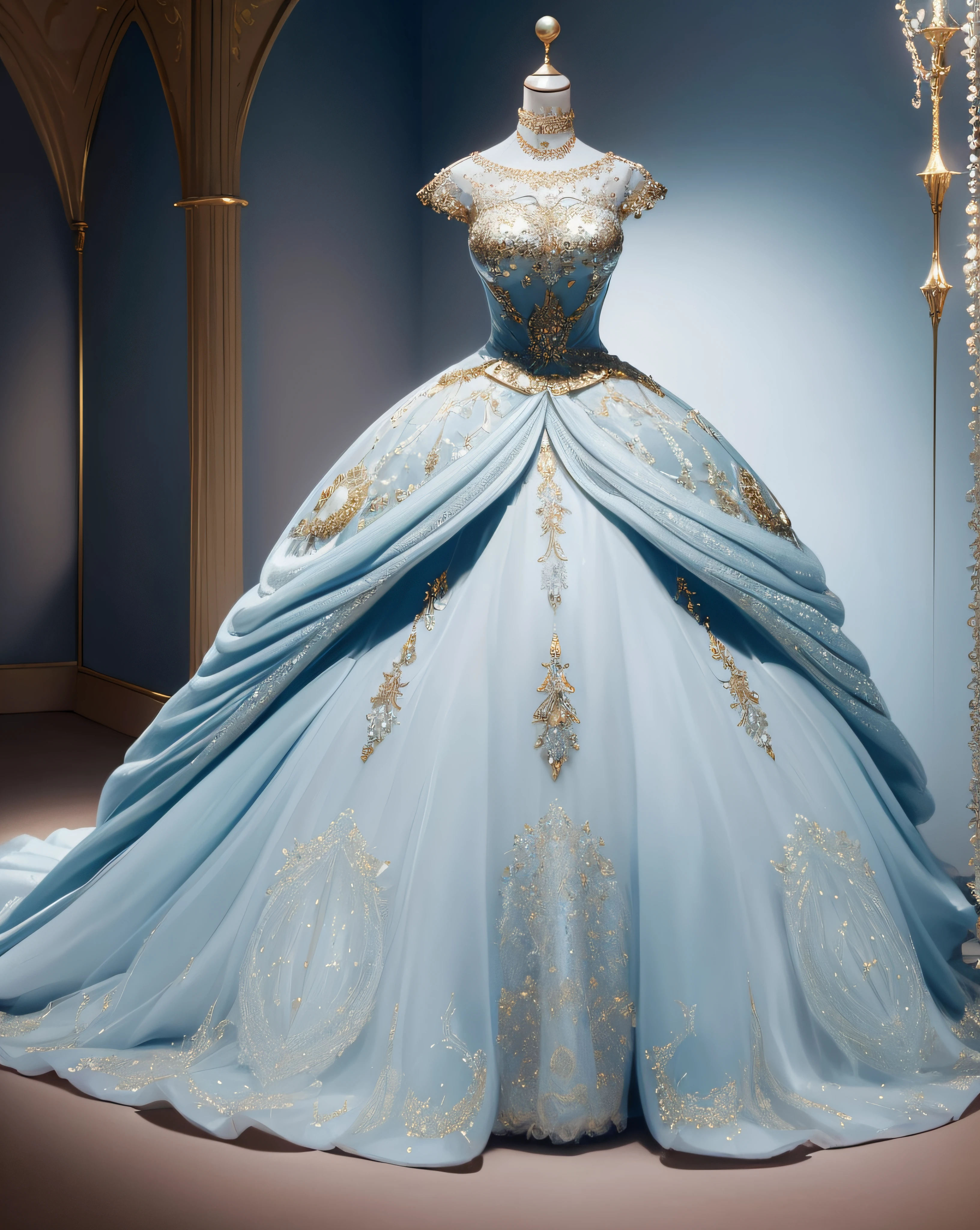 a hyper realistic photograph of a girl standing wearing a majestic light beige and gold ball gown dress, big beautiful dress, intricate puffy ball gown with lots of ruffles and rhinestones (Best quality, masterpiece, ArtStation, Fantasy Art:1.2), a palace room, a beautiful cute girl, (long white hair:1.1), (intricate short gold skirt, bare legs:1.2, full body shot)