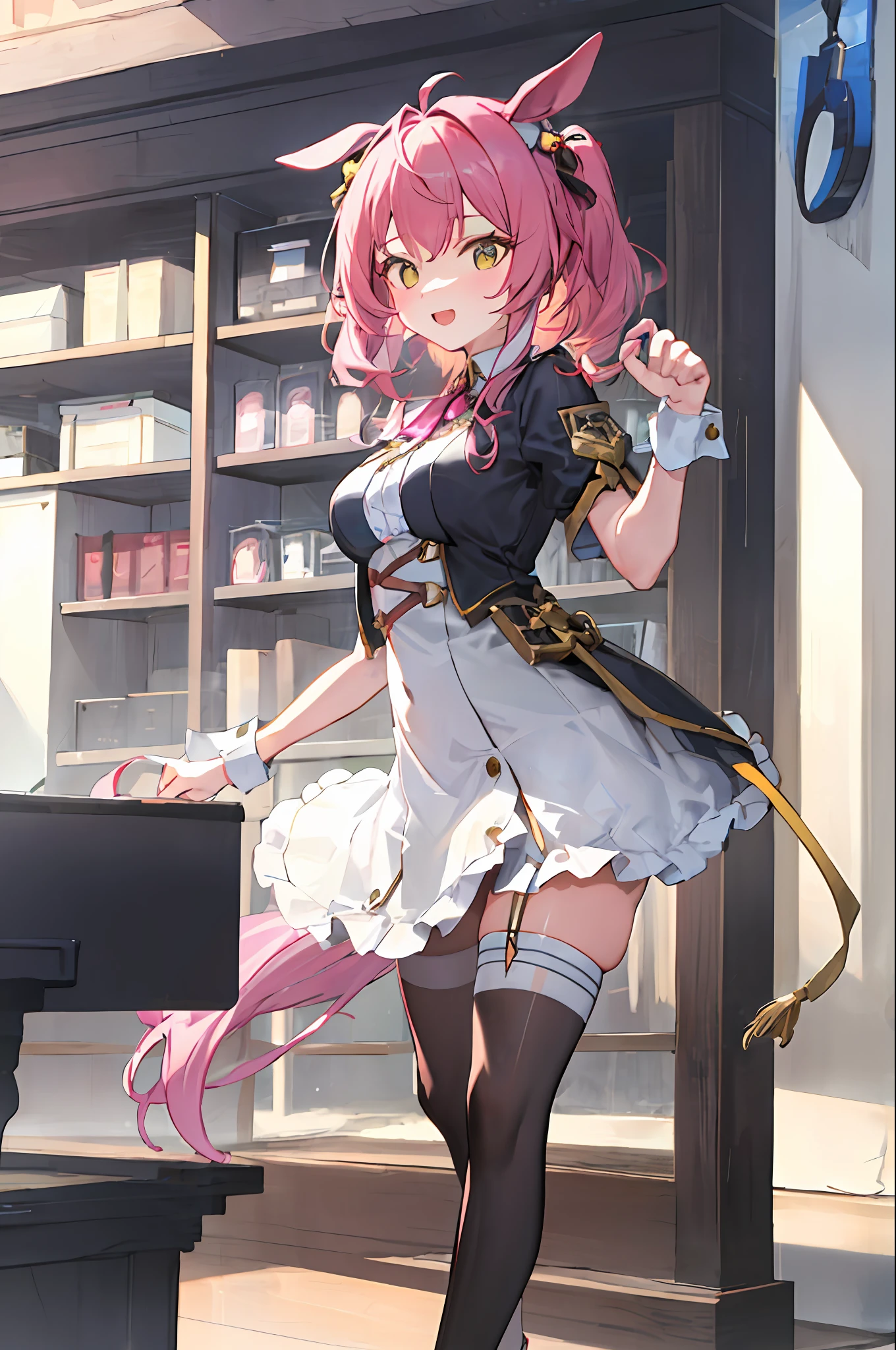 A cute girl who loves to dance in the house line,Wearing a pink skirt,Yellow hair,dual horsetail,White stockings