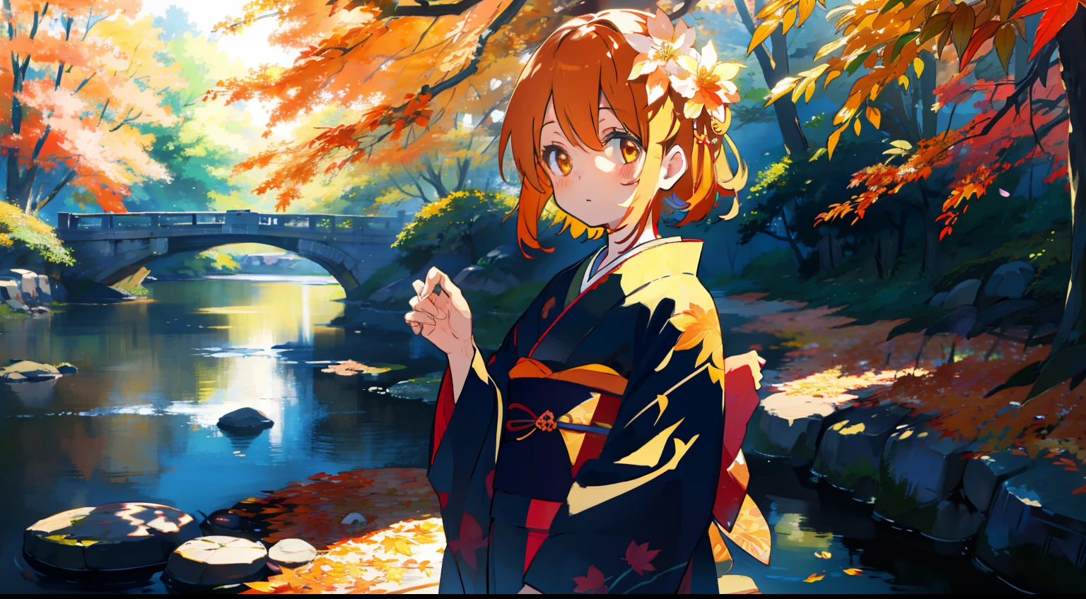 One girl、kimono、Colored leaves、Colored leaves、masterpiece、Top image quality、top-quality、cute little、Orange hair、Yellow eyes、Beautiful autumn leaves