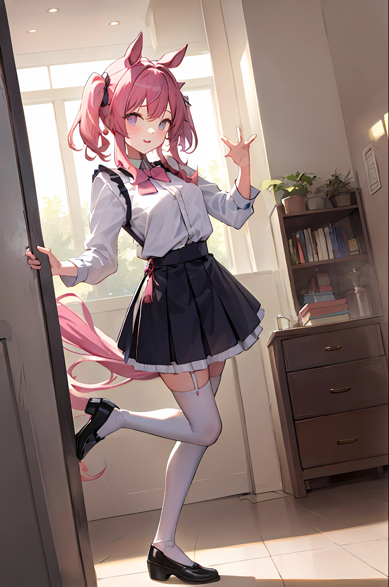 A cute girl who loves to dance in the house line，Wearing a pink skirt，Yellow hair，dual horsetail，White stockings
