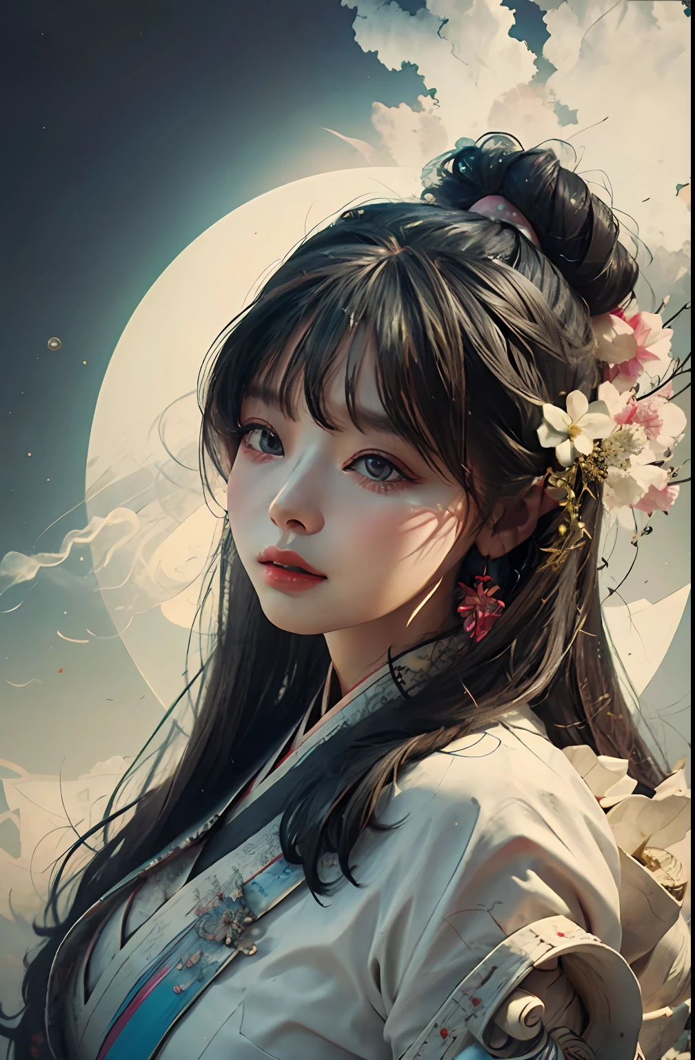 zhongfenghua, 1girl, (full body) solo, hanfu, flower field, blossom, (white smokes:1.3) (photorealistic:1.4), zentangle, mandala, entangle, official art, unity 8k wallpaper, ultra detailed, beautiful and aesthetic, masterpiece,best quality, (dynamic angle:1.4), glowing skin, (floating colorful sparkles:1) the most beautiful form of chaos, elegant, a brutalist designed, vivid colours, romanticism depth of field,