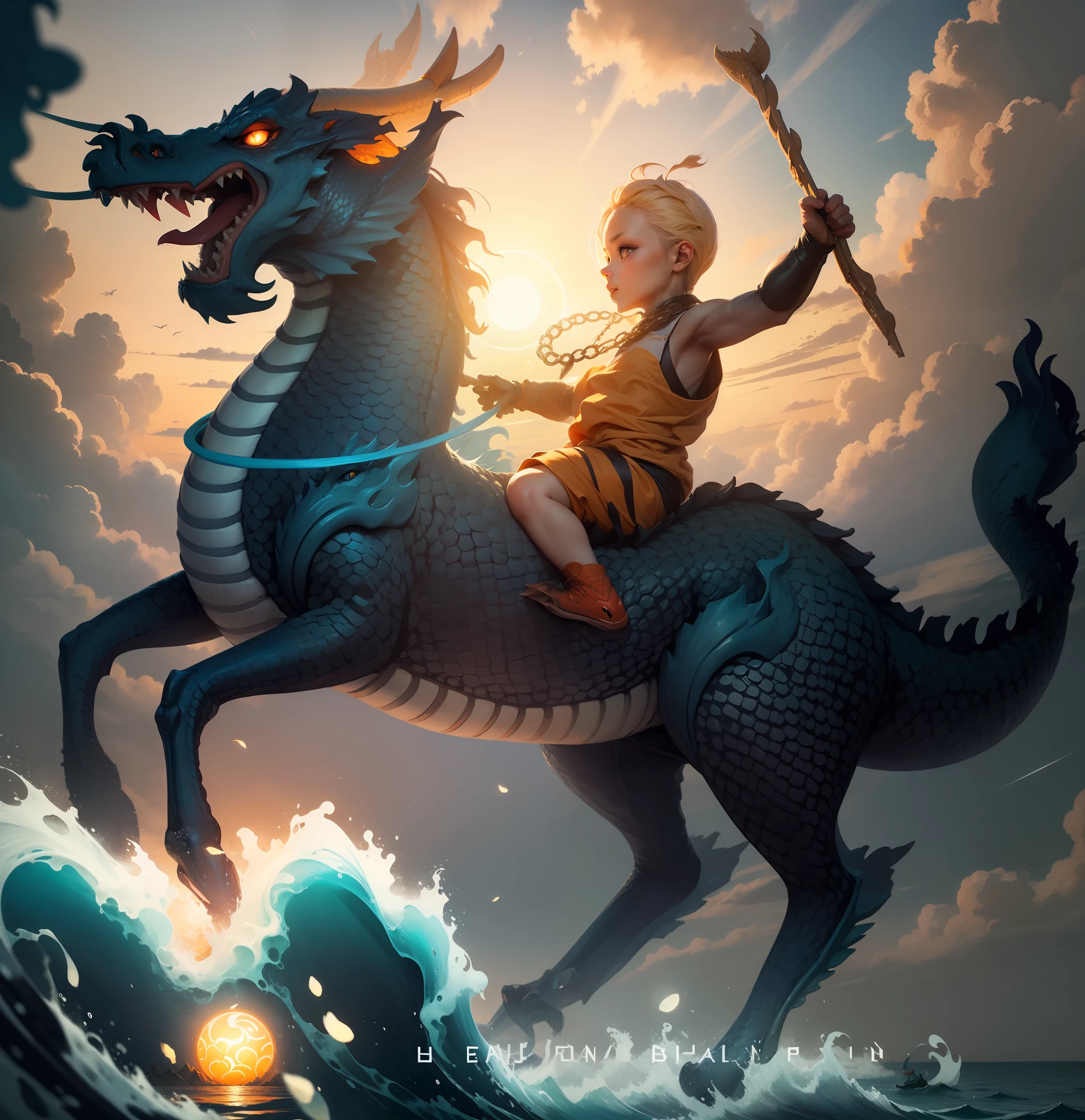 Dragons are at sea.., Blue Sea, evening. Orange Sun