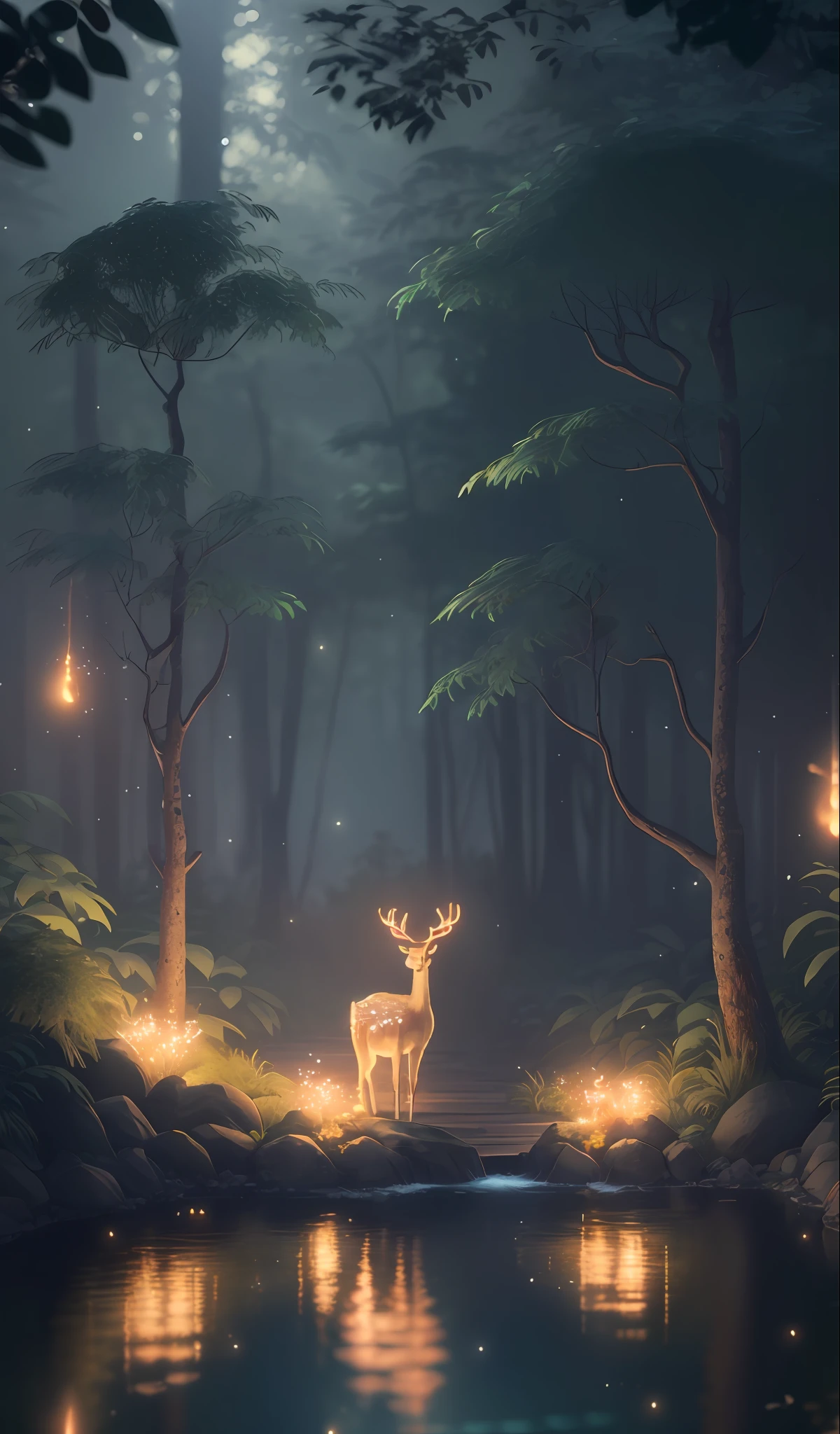 Masterpiece, best quality, (very detailed CG unity 8k wallpaper), (best quality), (best illustration), (best shadows), glow sprite, with a glowing deer, in the swimming pool Drinking water, natural elements in the forest theme. Mysterious forest, beautiful forest, nature, surrounded by flowers, delicate leaves and branches surrounded by fireflies (natural elements), (jungle theme), (leaves), (twigs), (fireflies), (particle effects) etc. 3D , Octane rendering, ray tracing, super detailed