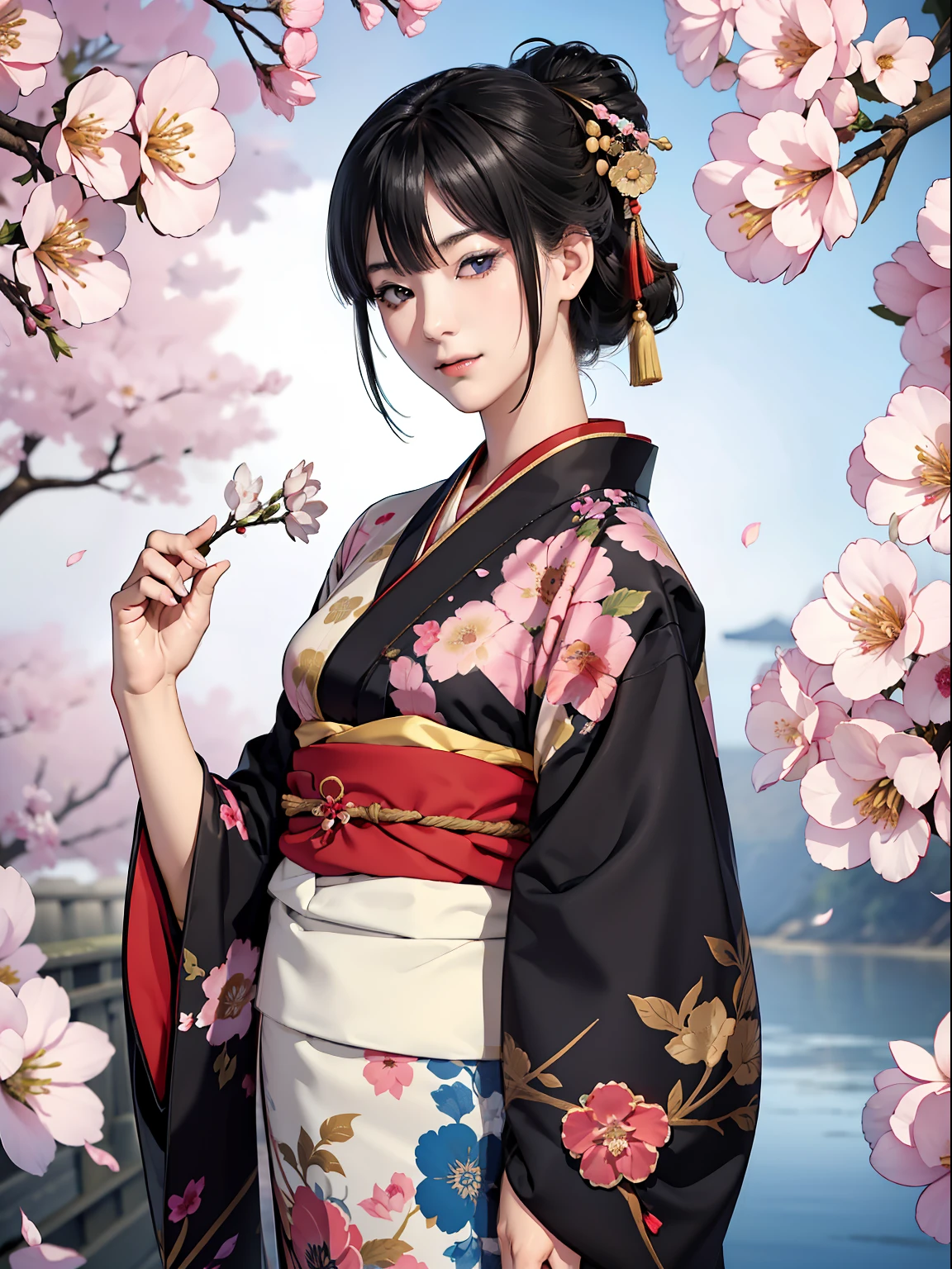 Mature girl、A slight smile、Black-haired、Colorful Japan kimono、Nishijin Ori、Delicate and smart eyes、intricate damask hanfu、Luxury accessories、FOV、F1.8、masterpiece、complex scenes、flower petals flying、Diagonal portrait shot、