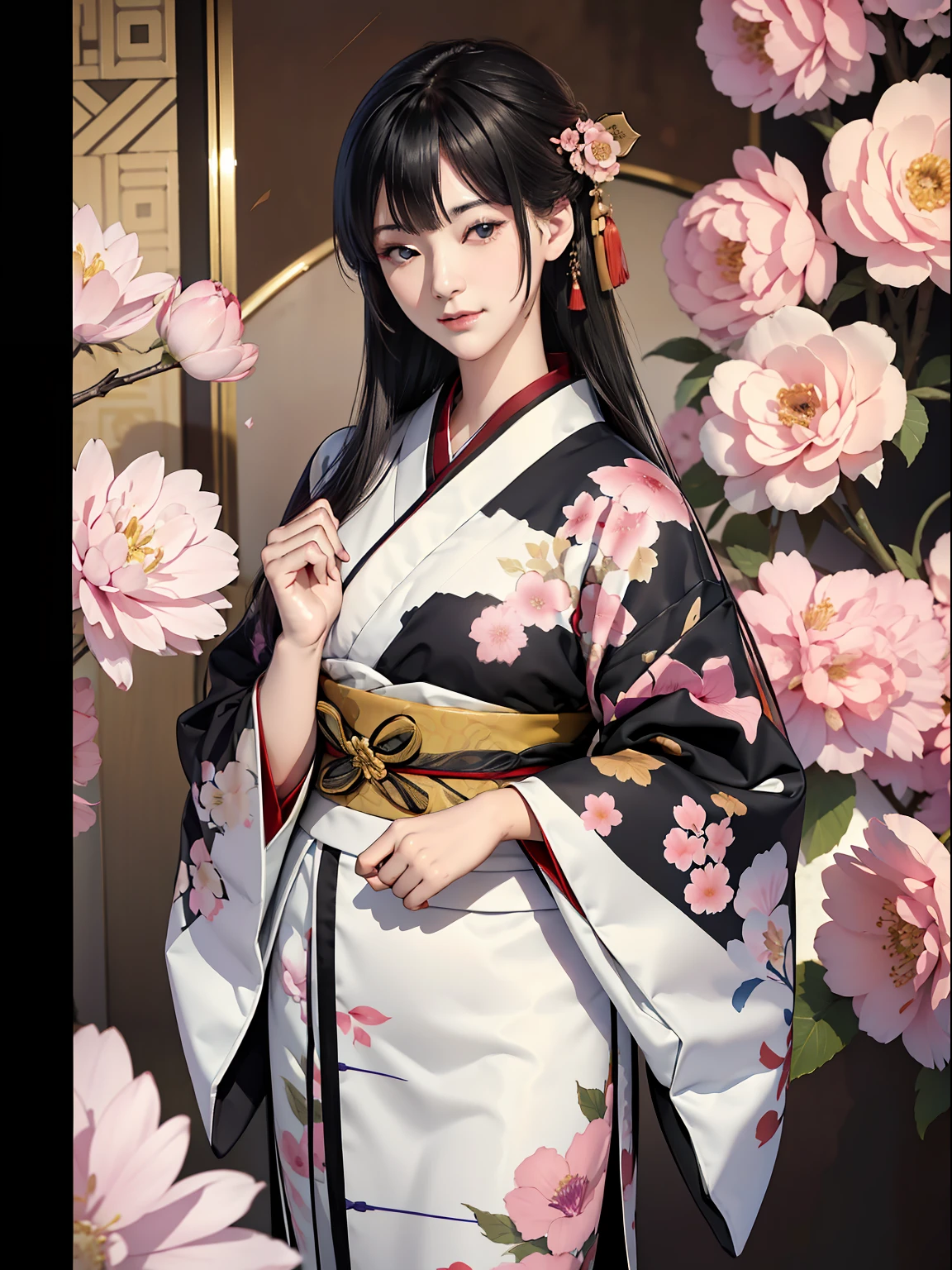 Mature girl、A slight smile、Black-haired、Colorful Japan kimono、Nishijin Ori、Delicate and smart eyes、intricate damask hanfu、Luxury accessories、FOV、F1.8、masterpiece、complex scenes、flower petals flying、Diagonal portrait shot、