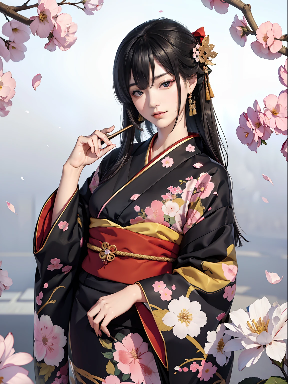 Mature girl、A slight smile、Black-haired、Colorful Japan kimono、Nishijin Ori、Delicate and smart eyes、intricate damask hanfu、Luxury accessories、FOV、F1.8、​masterpiece、complex scenes、flower petals flying、Diagonal portrait shot、