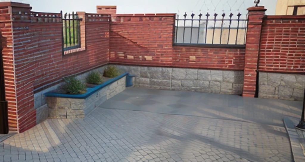 View of Araffid with brick walls with metal fences and benches, detailed fences and stone walls, Curved parterre 3D with depth of field, with 3 d render, with 3d render, 3d highly detailed, 3 d highly detailed, detailed 3 d render, rendered 3d model, detailed 3d render, 3D rendering of, 3 d rendered