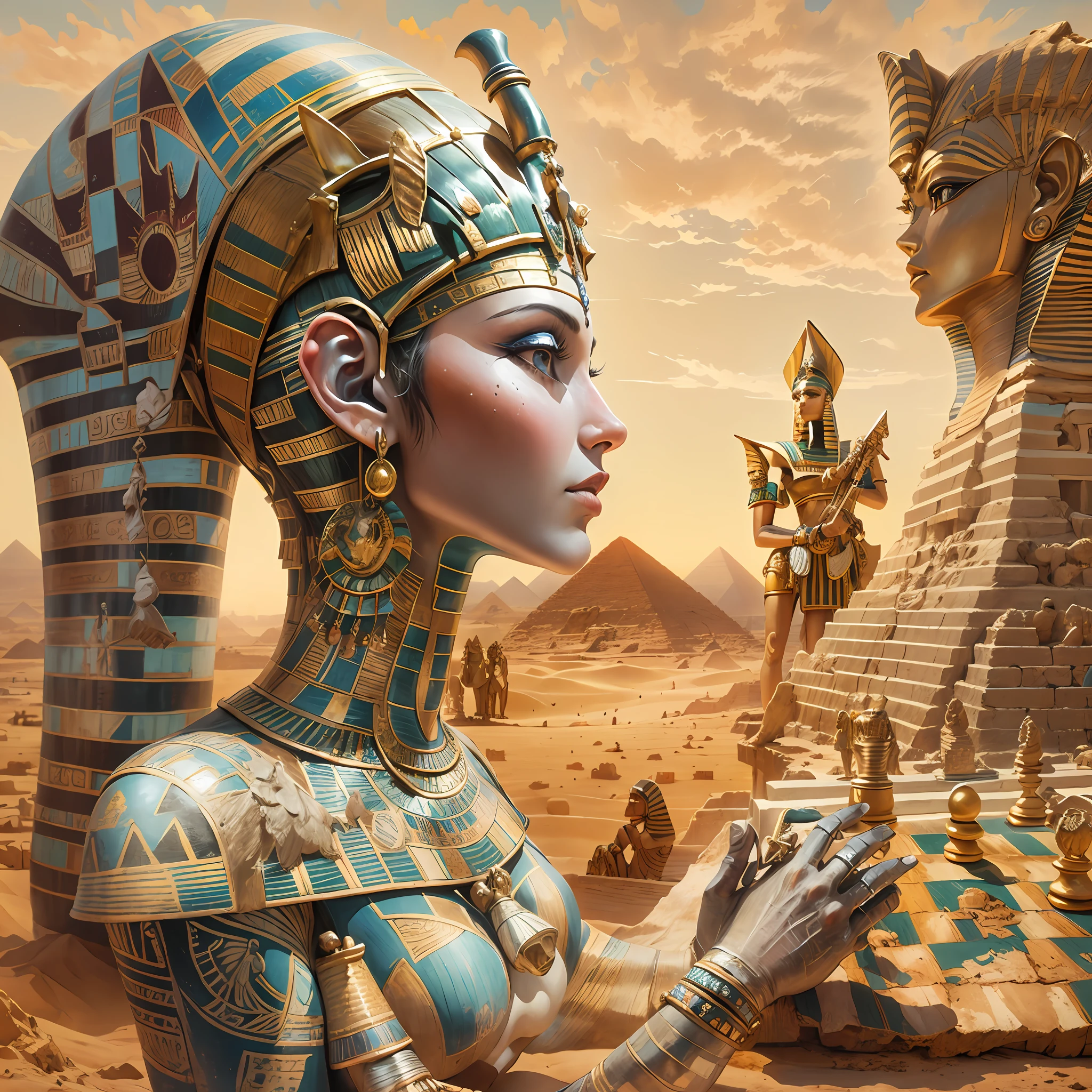 complex 3d render ultra detailed of a beautiful porcelain profile woman android face, cyborg, robotic parts, painting of a pharaoh and a chess board in a desert, egypt themed art, surreal chess, egyptian setting, egyptian atmosphere, pharaoh, pharoah, surreal oil on canvas, egyptian landscape, surrealistic painting, pyramids, egyptian style, sphinx in distance, surreal painting, ancient egypt painting, checkerboard horizon, surreal oil painting, by Wayne England, by David Burton-Richardson
