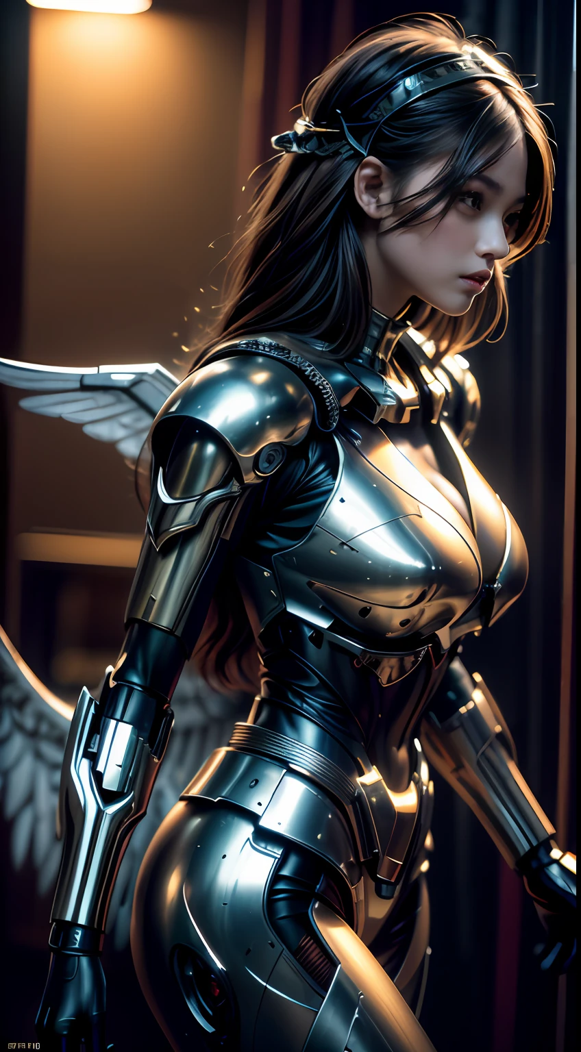 A beautiful woman dressed in a mecha with wings holding a sword(Best quality, Detailed details, Masterpiece, , 4K, Chiaroscuro,The bust photo is super realistic and realistic, Highly detailed Canon videography )