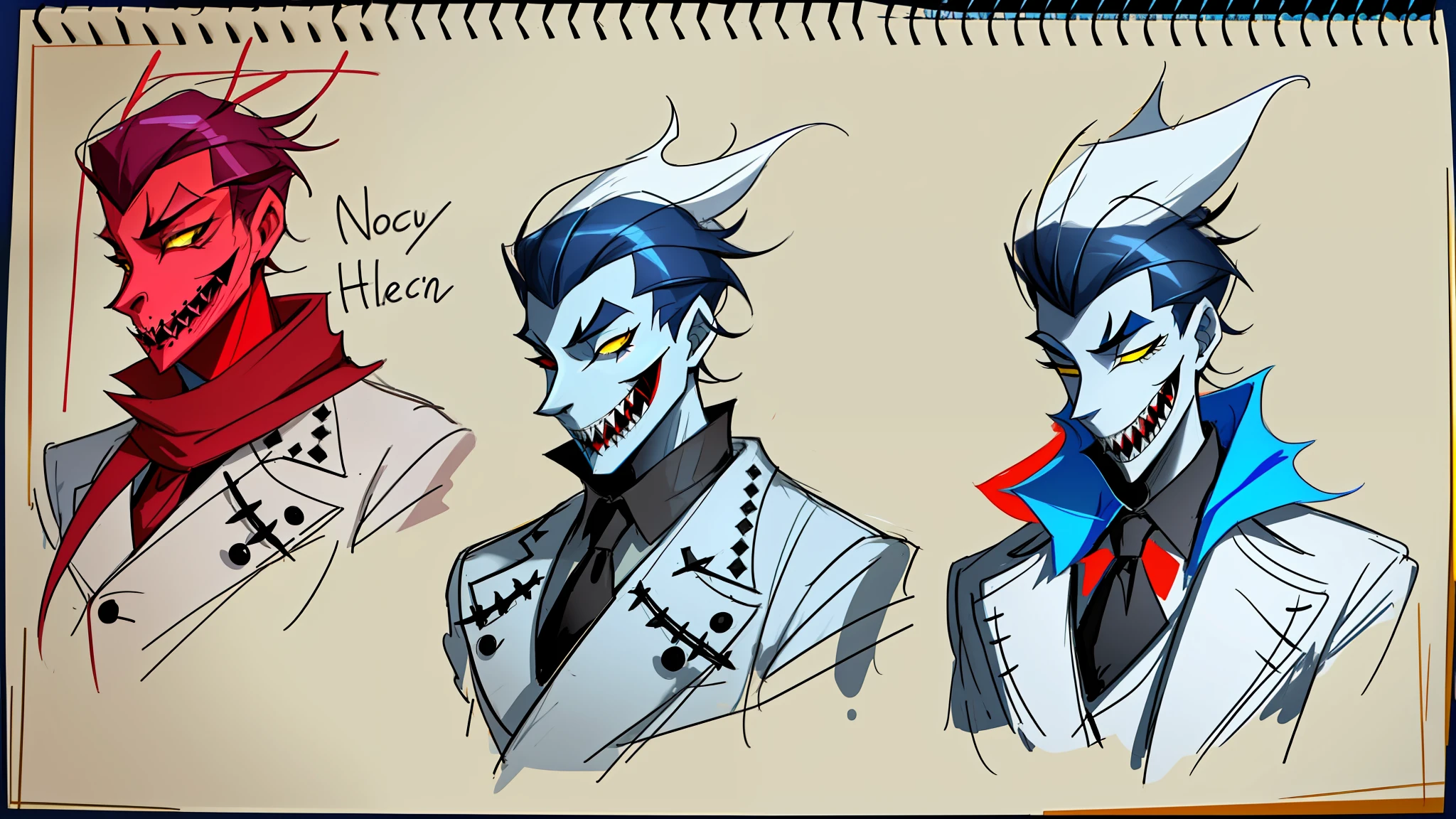 A guy who has no face, no eyes or nose, but has a mouth full of sharp teeth, he wears a blue overcoat, yellow fedora and a red scarf around his neck. Helluva boss Style, Hazbin hotel Style, his skin is flourescent blue. drawing references hazbin hotel style males hand drawing sketchs