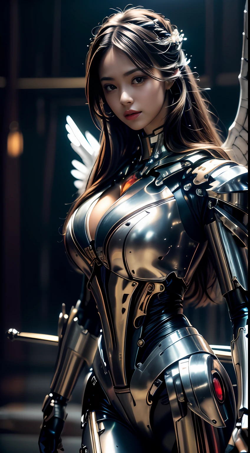 A beautiful woman dressed in a mecha with wings holding a sword(Best quality, Detailed details, Masterpiece, , 4K, Chiaroscuro,The bust photo is super realistic and realistic, Highly detailed Canon videography )