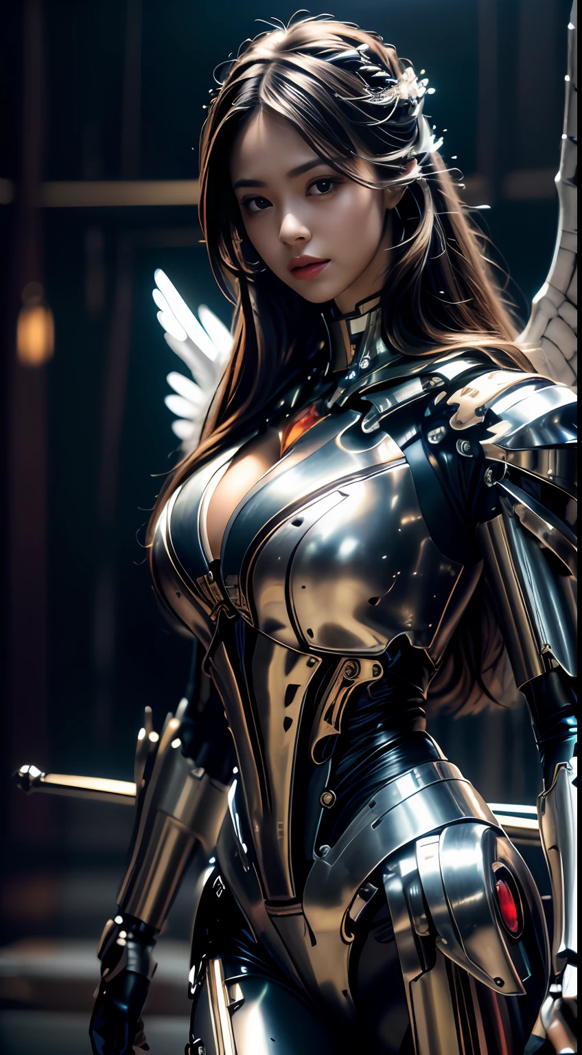 A beautiful woman dressed in a mecha with wings holding a sword(Best quality, Detailed details, Masterpiece, , 4K, Chiaroscuro，The bust photo is super realistic and realistic, Highly detailed Canon videography )