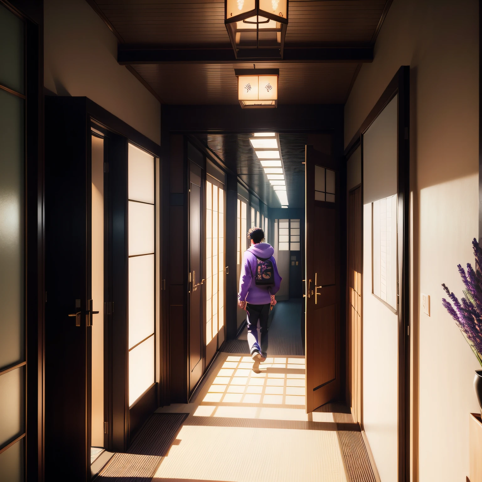 a hallway of a Japanese apartment, outdoor corridor, Doors on the left, Balcony on the right with lavender flowers, bright, vibrant, flowers, 1 male, teenageAr, Hoody, black mask, Panoramic, anime, ((high quality)), ((High detail))