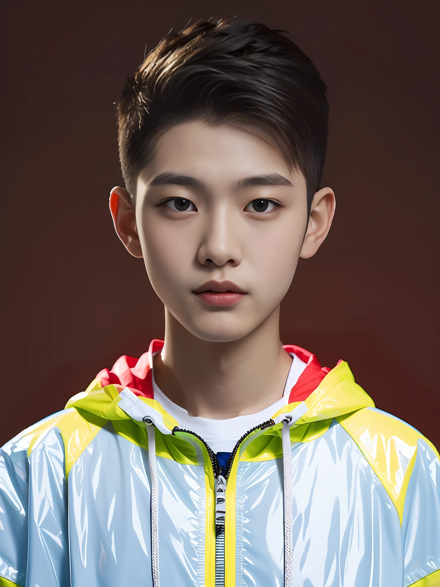 A -yeld Chse male high school student,Outside, he wore a brightly colored black-red tunic,Sweatshirt made of PVC