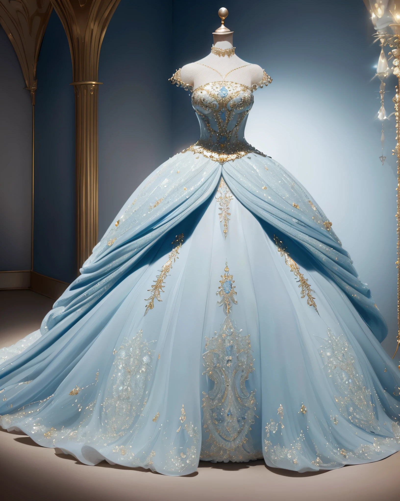 a hyper realistic photograph of a girl standing wearing a majestic light beige and gold ball gown dress, big beautiful dress, intricate puffy ball gown with lots of ruffles and rhinestones (Best quality, masterpiece, ArtStation, Fantasy Art:1.2), a palace room, a beautiful cute girl, (long white hair:1.1), (intricate short gold skirt, bare legs:1.2, full body shot)