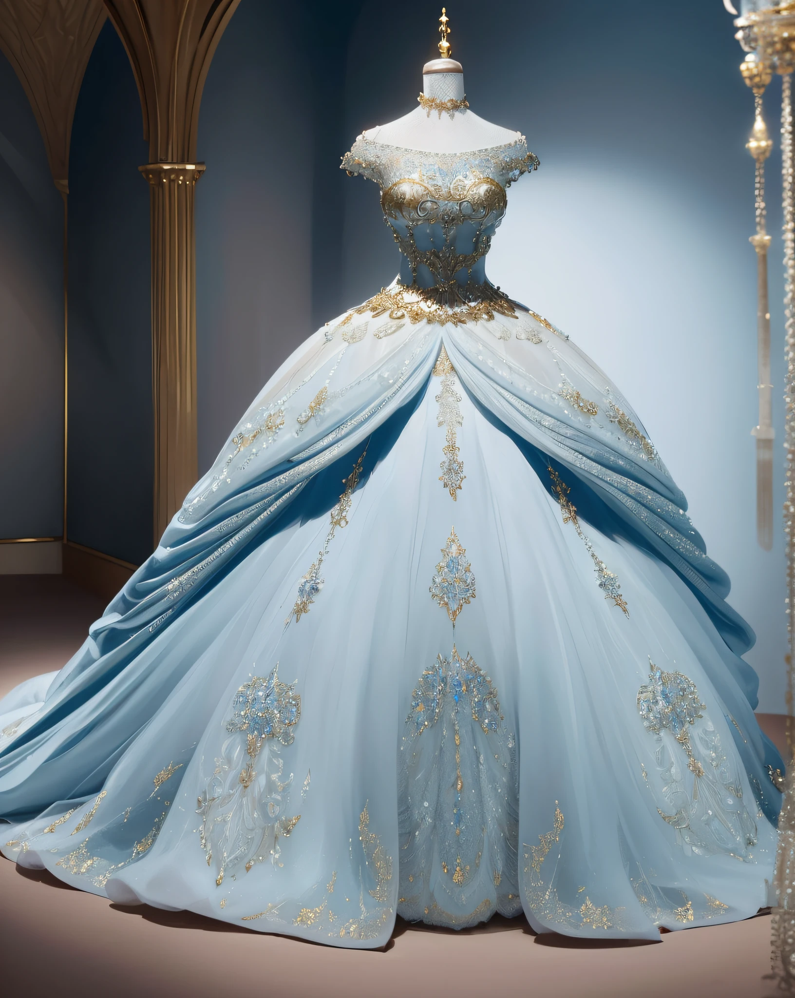 a hyper realistic photograph of a girl standing wearing a majestic light beige and gold ball gown dress, big beautiful dress, intricate puffy ball gown with lots of ruffles and rhinestones (Best quality, masterpiece, ArtStation, Fantasy Art:1.2), a palace room, a beautiful cute girl, (long white hair:1.1), (intricate short gold skirt, bare legs:1.2, full body shot)