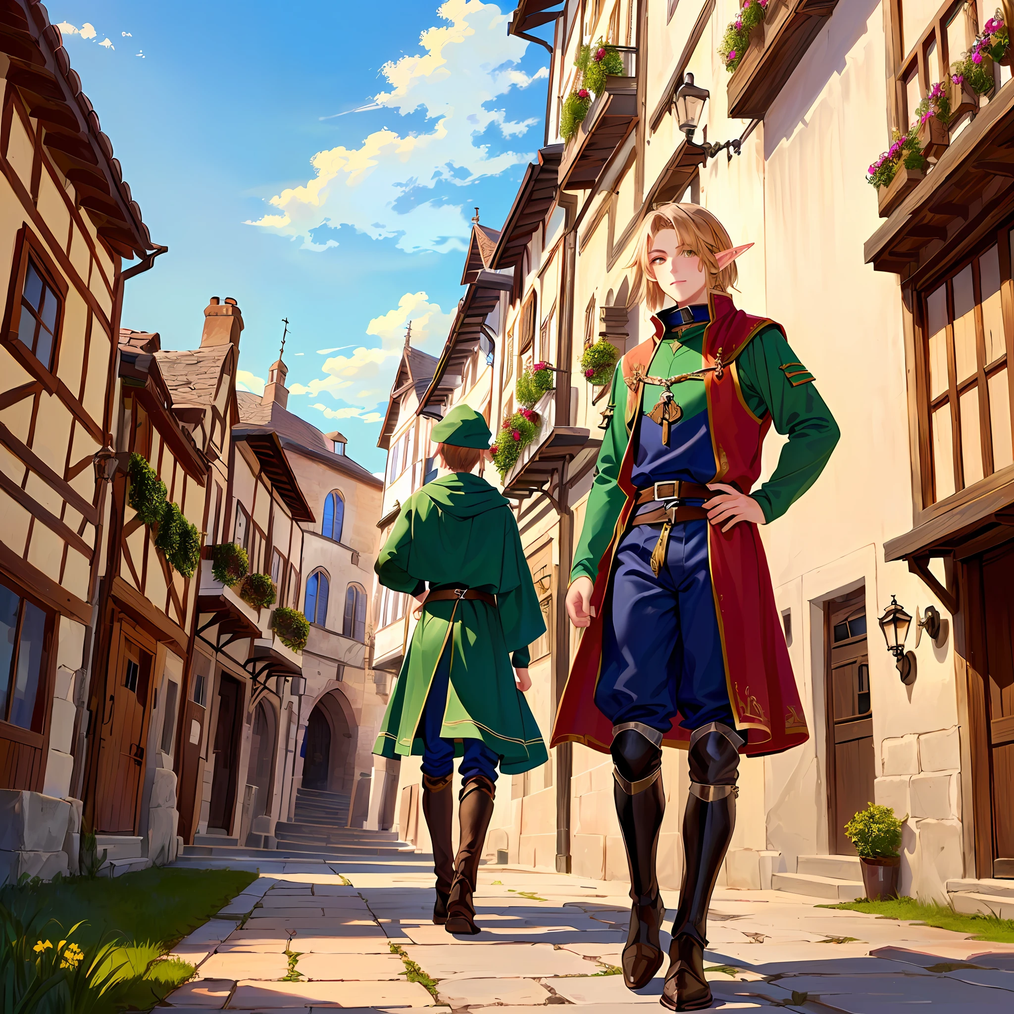 medieval town,Boy elves,Green eyes,Human clothes