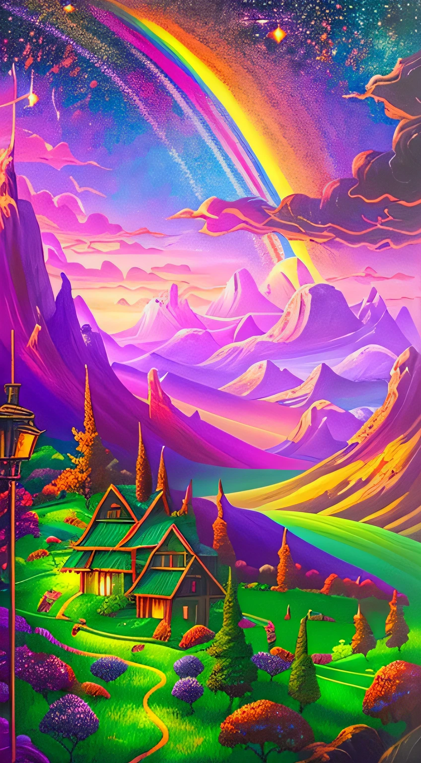 An exquisite wallpaper featuring a stunning landscape captured with (iridescent gold lighting), (telephoto lens), and (long exposure) techniques. The scene showcases a breathtaking sunset over a majestic mountain range, painted with vibrant hues and photorealistic details by the masterful artist, Greg Rutkowski. The landscape is further enhanced with a touch of surrealism, inspired by the artistic style of Vincent van Gogh, to add a dreamlike quality to the image. The sky is adorned with the brilliant strokes of a (rainbow-color palette), while the stars twinkle with utmost precision. The entire composition is set against the backdrop of a (synthwave-inspired) futuristic city, beautifully blending nature and technology. The seamless fusion of elements creates a one-of-a-kind masterpiece that will leave viewers captivated and awe-inspired.