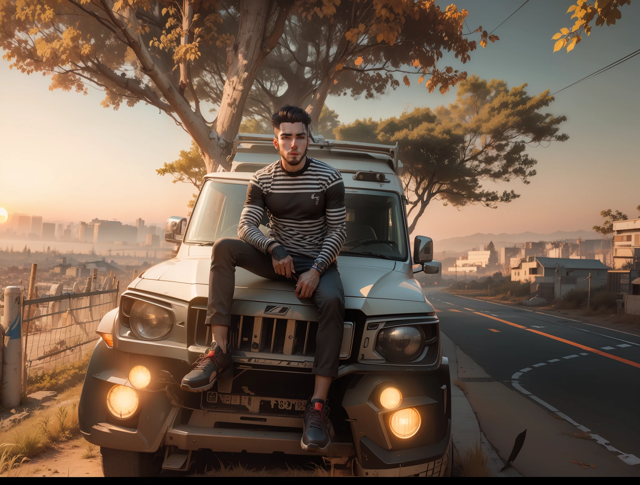 Change background cyberpunk handsome
boy, realistic face, 8k, ultra realistic,sunset
