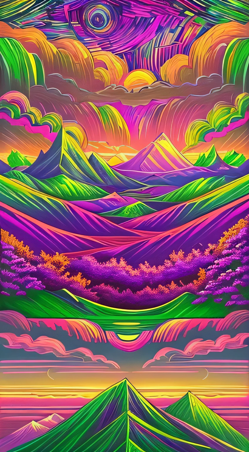 An exquisite wallpaper featuring a stunning landscape captured with (iridescent gold lighting), (telephoto lens), and (long exposure) techniques. The scene showcases a breathtaking sunset over a majestic mountain range, painted with vibrant hues and photorealistic details by the masterful artist, Greg Rutkowski. The landscape is further enhanced with a touch of surrealism, inspired by the artistic style of Vincent van Gogh, to add a dreamlike quality to the image. The sky is adorned with the brilliant strokes of a (rainbow-color palette), while the stars twinkle with utmost precision. The entire composition is set against the backdrop of a (synthwave-inspired) futuristic city, beautifully blending nature and technology. The seamless fusion of elements creates a one-of-a-kind masterpiece that will leave viewers captivated and awe-inspired.