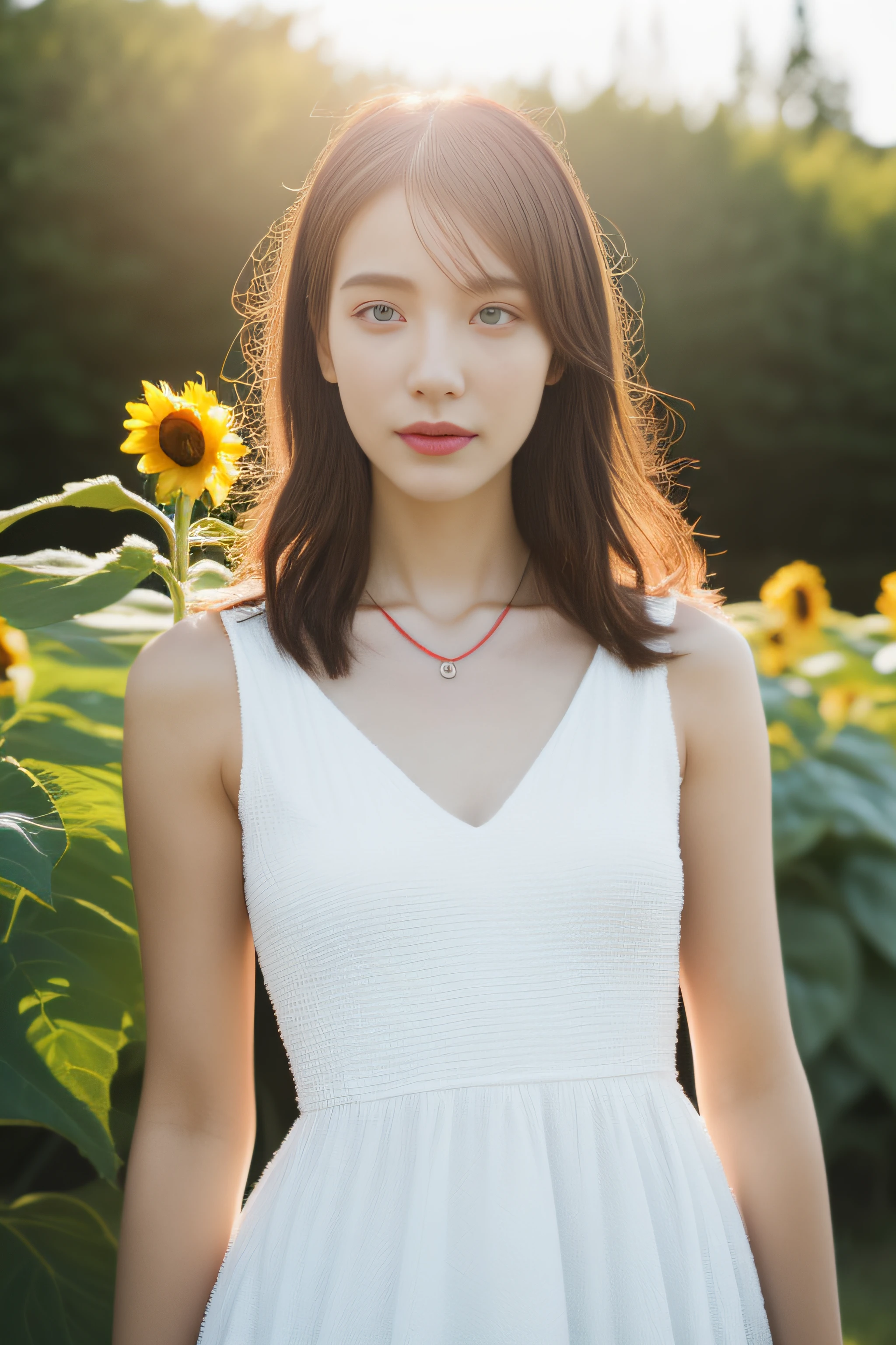 (8K, RAW photogr, Photorealistic:1.25),1girll,a lot of sunflowers,blue-sky,baiyun,Pose,(white dresses:1.2),Rainbow color necklace,(of a real:1.4),conservative girl,full bodyesbian,lens flare glow,Textured skin,delicated face