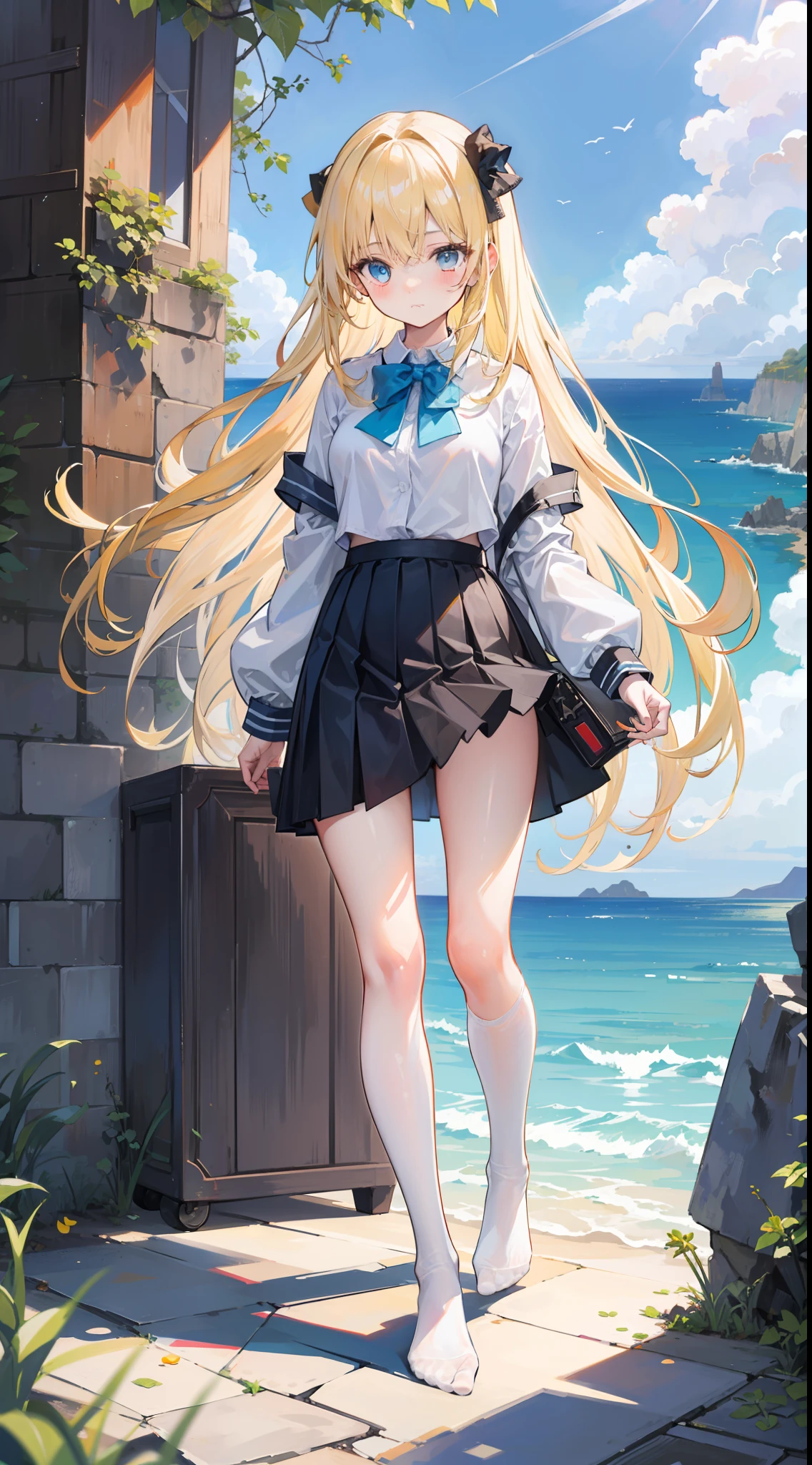 Masterpiece((tmasterpiece)),(White color blouse),((black micro skirt)),(White transparent stockings),adolable,is shy,(Long yellow)Hair,red bowtie,long leges,(Have by the sea),(Facing the sea),Open navel,No shoes on,(standing on your feet)