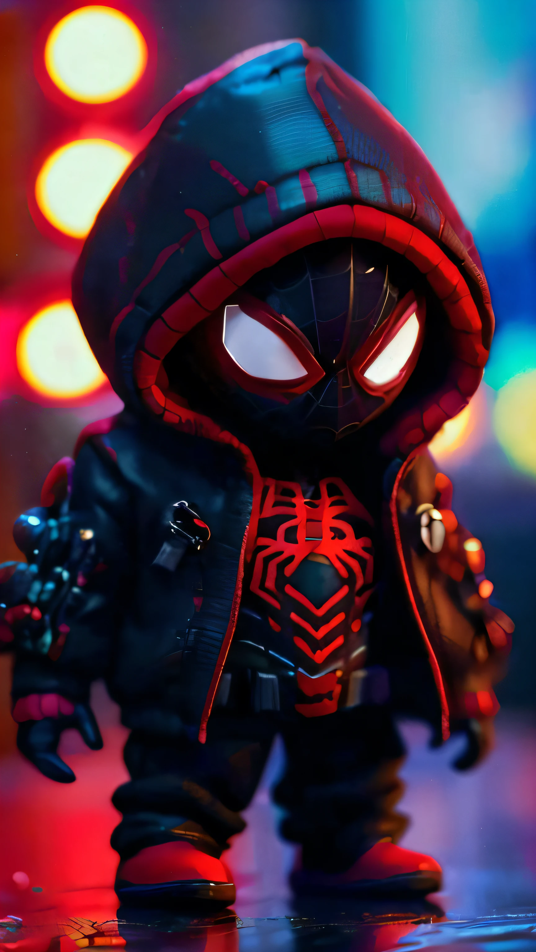 a close up of a toy spider - man with a hoodie on, miles morales!!!, futuristic style spiderman, miles morales, 8 k highly detailed ❤🔥 🔥 💀 🤖 🚀, hot toys, into the spider verse, into the spiderverse, spiderman as terminator, peter parker, spider - verse art style, spiderman, spiderverse, toy photography, hottoys, spiderman!!