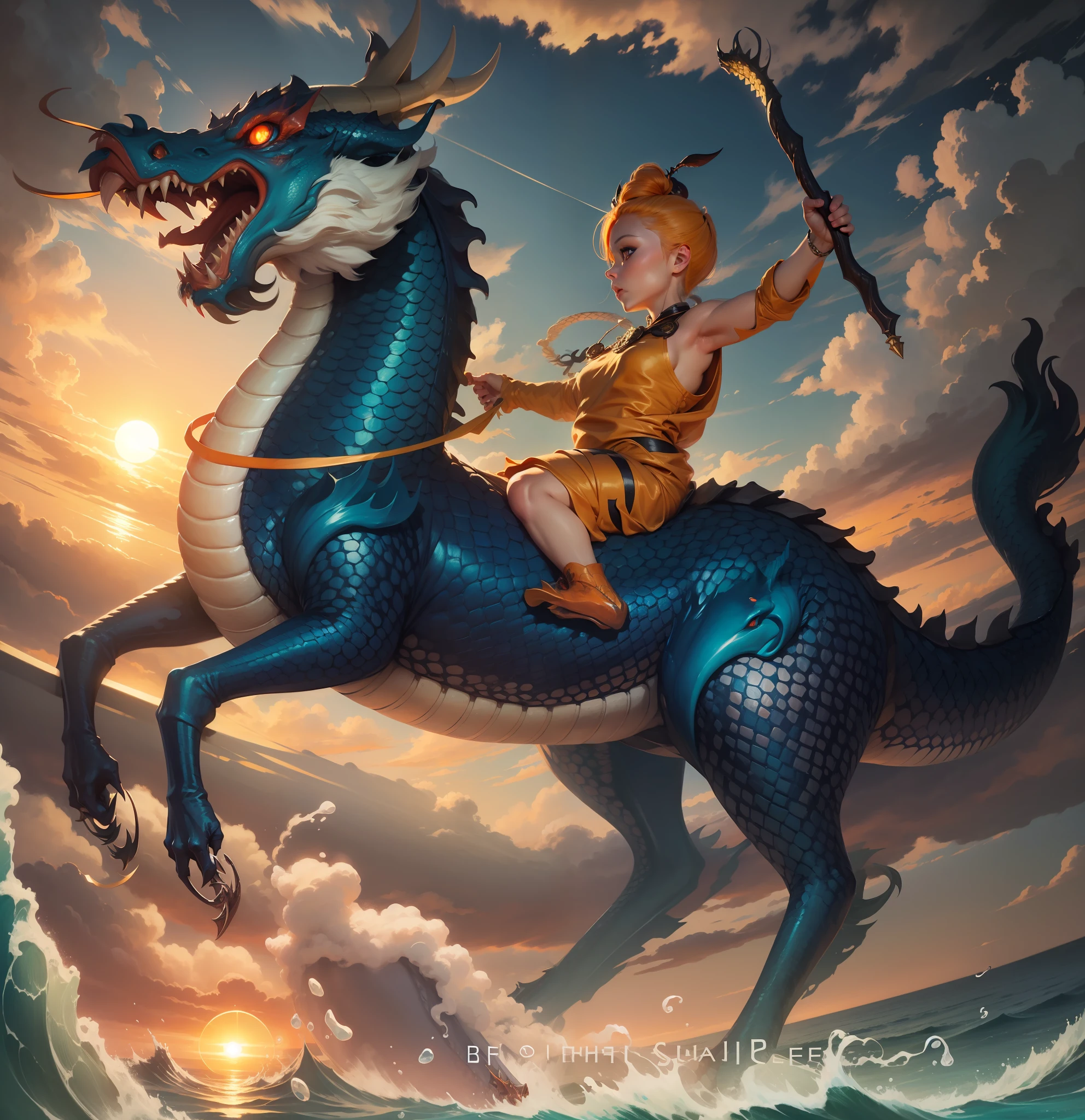 Dragon in the Blue Sea Evening Orange Sun