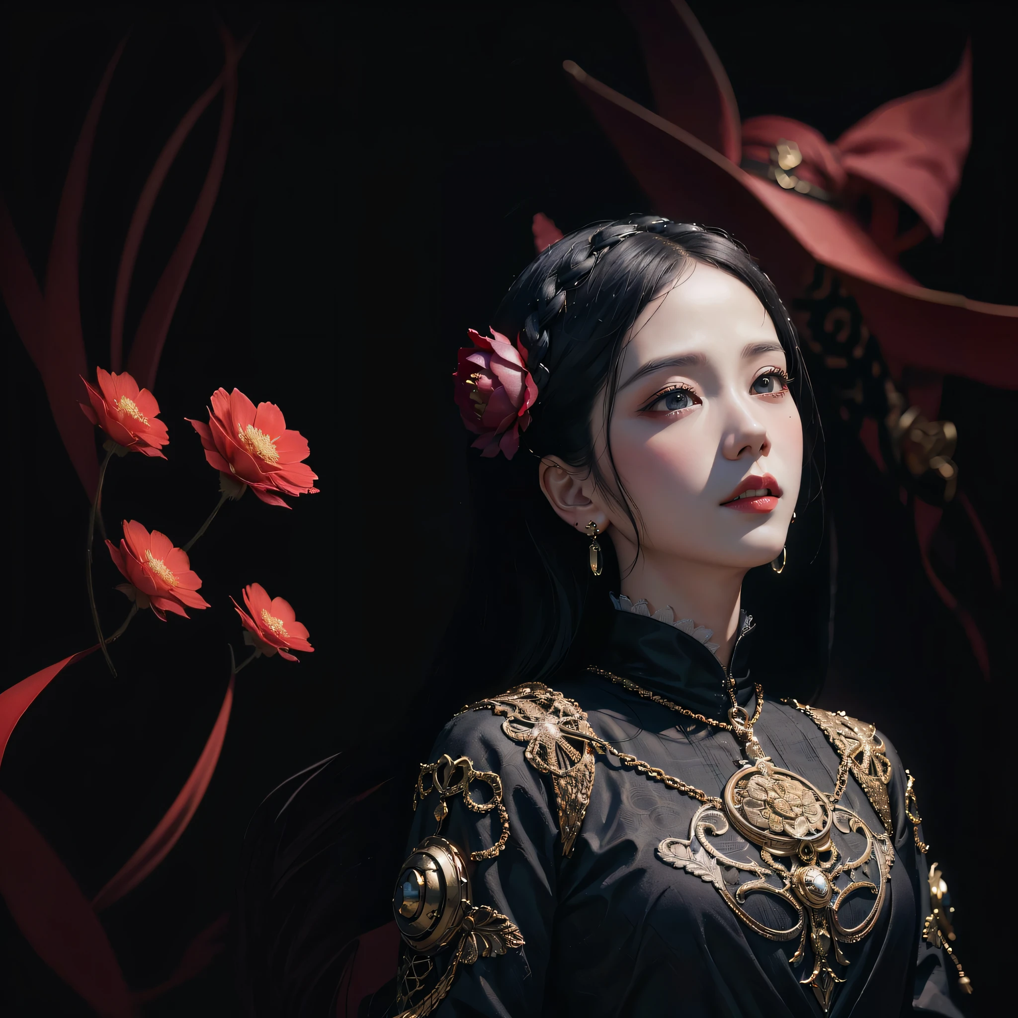 Araki woman in black dress，There is a red flower on the hair, Palace ， A girl in Hanfu, Guviz-style artwork, Guviz, Chinese style, trending on cgstation, Hanfu, a beautiful fantasy empress, by Yang J, Chinese girl, high quality portrait, Inspired by Lan Ying, Inspired by Huang Ji