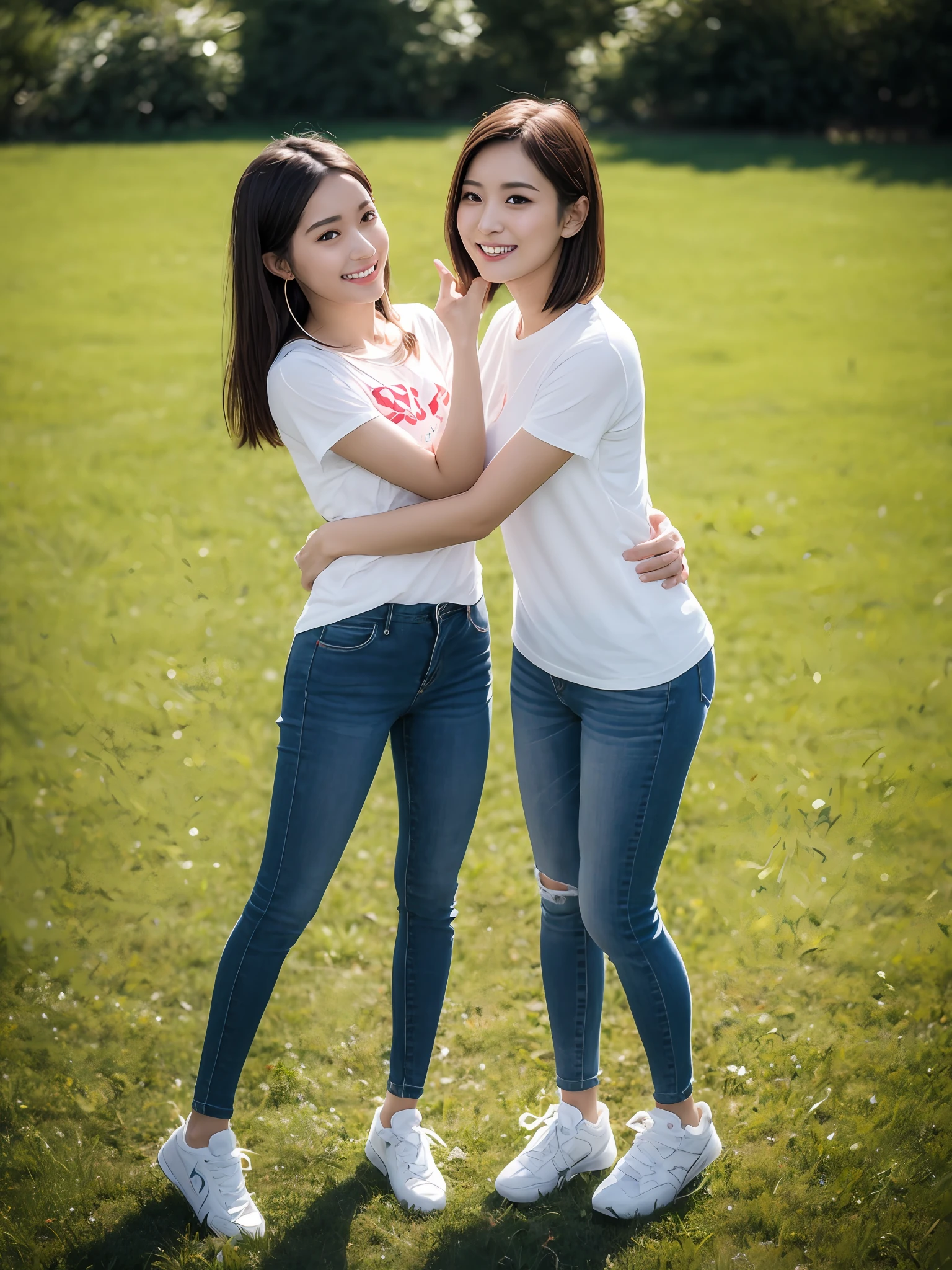 （超高分辨率，RAW photogr，realisticlying，tmasterpiece，best qualtiy：1.4），Complicated details，3个女孩，3 20 year old Korean girl，Wear a loose black T-shirt and skinny jeans，Stand on the grass and take pictures，hugs，Intimate relationships，Detailed meadow，A sweet smile on a small face，Ultra-realistic facial details，The face and skin are pink and white, and luminous，Ribbons and hair accessories，Playful and coquettish pose，The calves are straight and slender:1.2，Wear high-end brand sneakers:1.0，eventide：0.3，Broad lighting，naturalshadow：1.0，超高分辨率，taking a full body photo:1.8 --auto