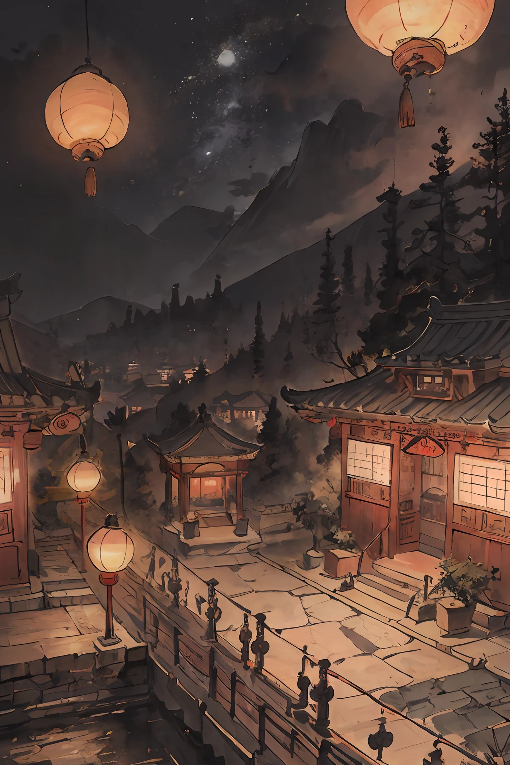（tmasterpiece，best qualtiy：1.2），Tradition Chinese Ink Painting，Hanshan Temple outside Gusu City，Midnight to the passenger ship