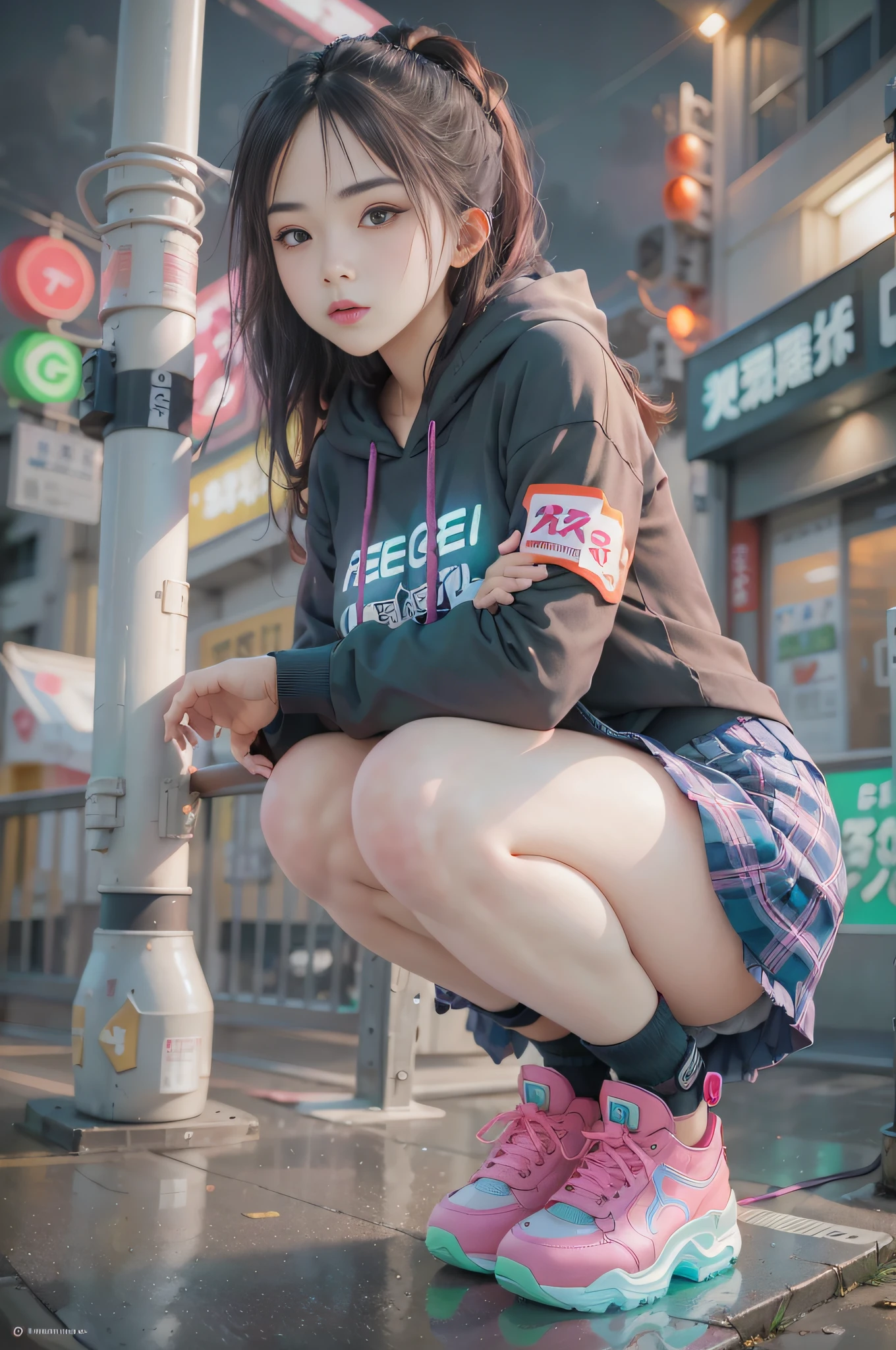 Extreme low angle, full body (8k, RAW photo, highest quality, masterpiece), High detail RAW color photo professional close-up photo, (realism, photo realism:1.4), (highest quality), (best shadow), (best illustration),surreal face, blue eyes, girl long neon green hair, wearing short hoodie head set, long Tartan plaid Skirt, tight high socks, hiding a hoverboard, tokyo night, neon, neon pink, neon blue, neon lime green,