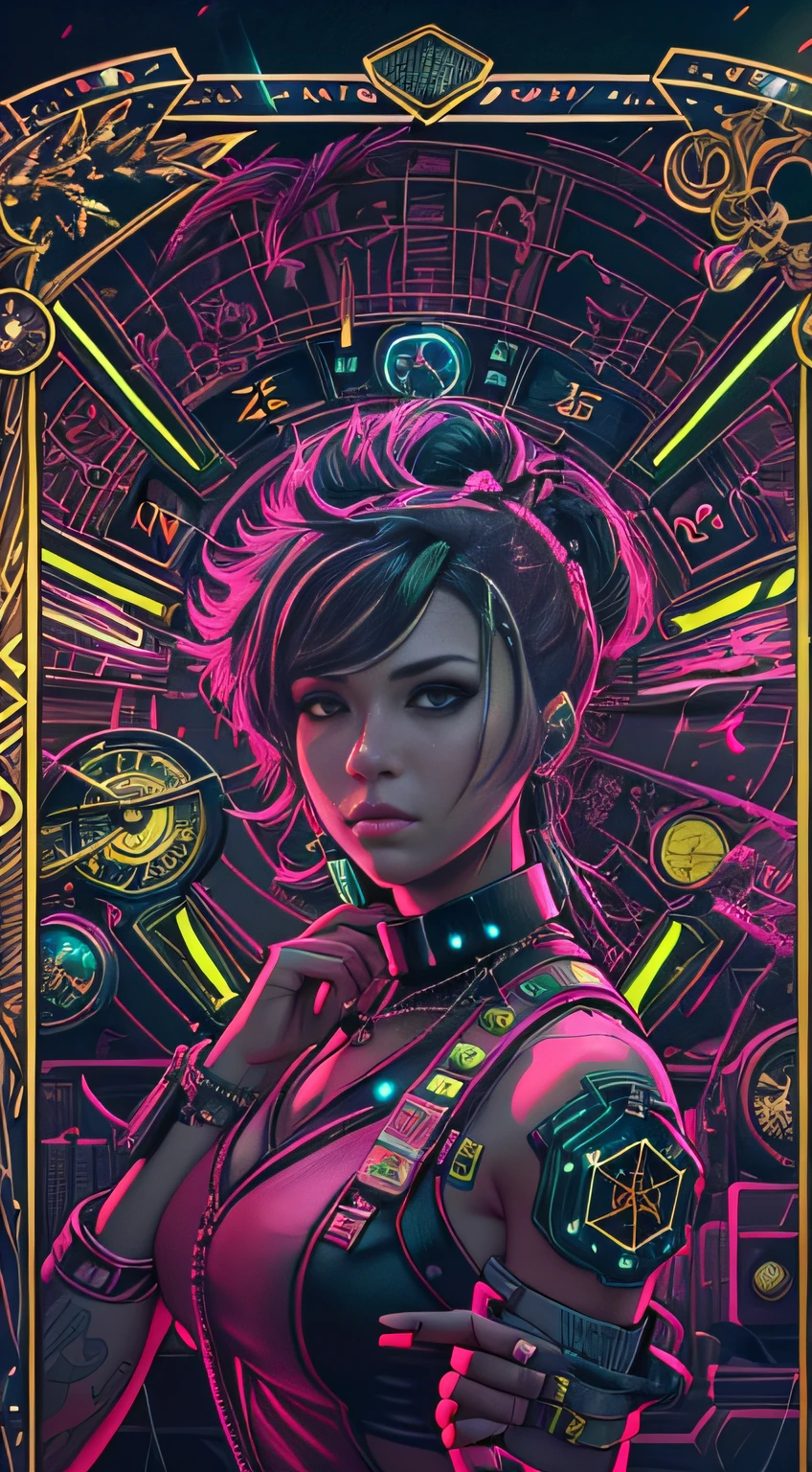 (((Tarot card))), Tarot card frame made of cyberpunk clocks, Portrait of a woman holding a gun, very detailed, clocks, lazers, cyberpunk equipment, ((in a frame)), surrounded by cyberpunk clocks, (((black skin))), science fiction, cyberpunk, In the Style of Cyberpunk 2077, masterpiece, best quality, CG, wallpaper, HDR, high quality, high-definition, extremely detailed, (detailed light), {{intricate detail}}, {highres}, neon light, chiaroscuro, anime style, key visual, intricate detail, highly detailed, breathtaking, vibrant, cinematic, ,3DMM