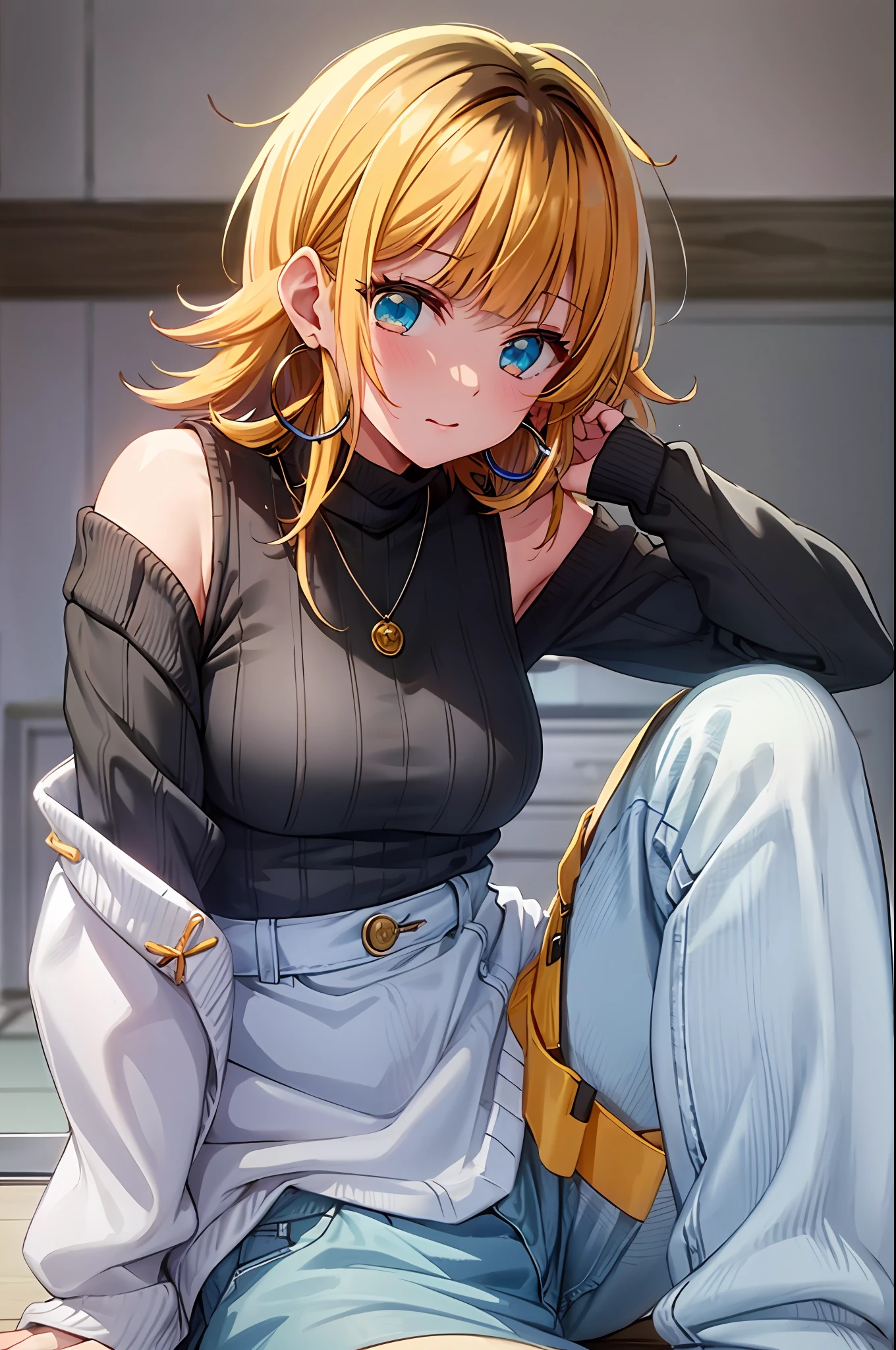 ​masterpiece, hightquality, Hi-Res, MEMcho, Indoors, cowboy  shot, Black skirt, The shirt, off shoulders, off-the-shoulder sweater, (Light blue sweater:1.2), sleeveless shirts, High Neck Sleeveless Shirt, Black shirt, Sweaters, Sweater sleeve wrist too much, sitting on, hoop earrings,animesque、a blond、only the head is black,,Anime style