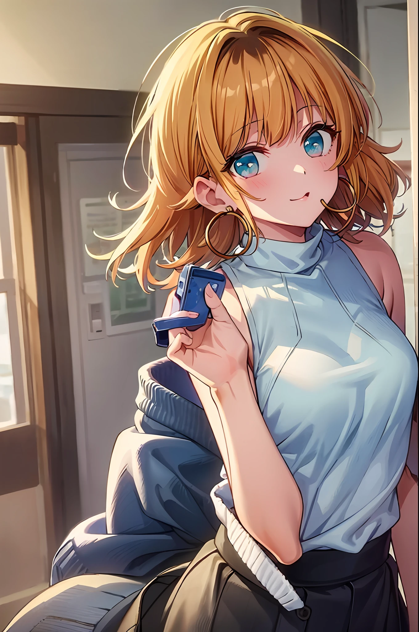 ​masterpiece, hightquality, Hi-Res, MEMcho, Indoors, cowboy  shot, Black skirt, The shirt, off shoulders, off-the-shoulder sweater, (Light blue sweater:1.2), sleeveless shirts, High Neck Sleeveless Shirt, Black shirt, Sweaters, Sweater sleeve wrist too much, sitting on, hoop earrings,animesque、a blond、only the head is black,,Anime style